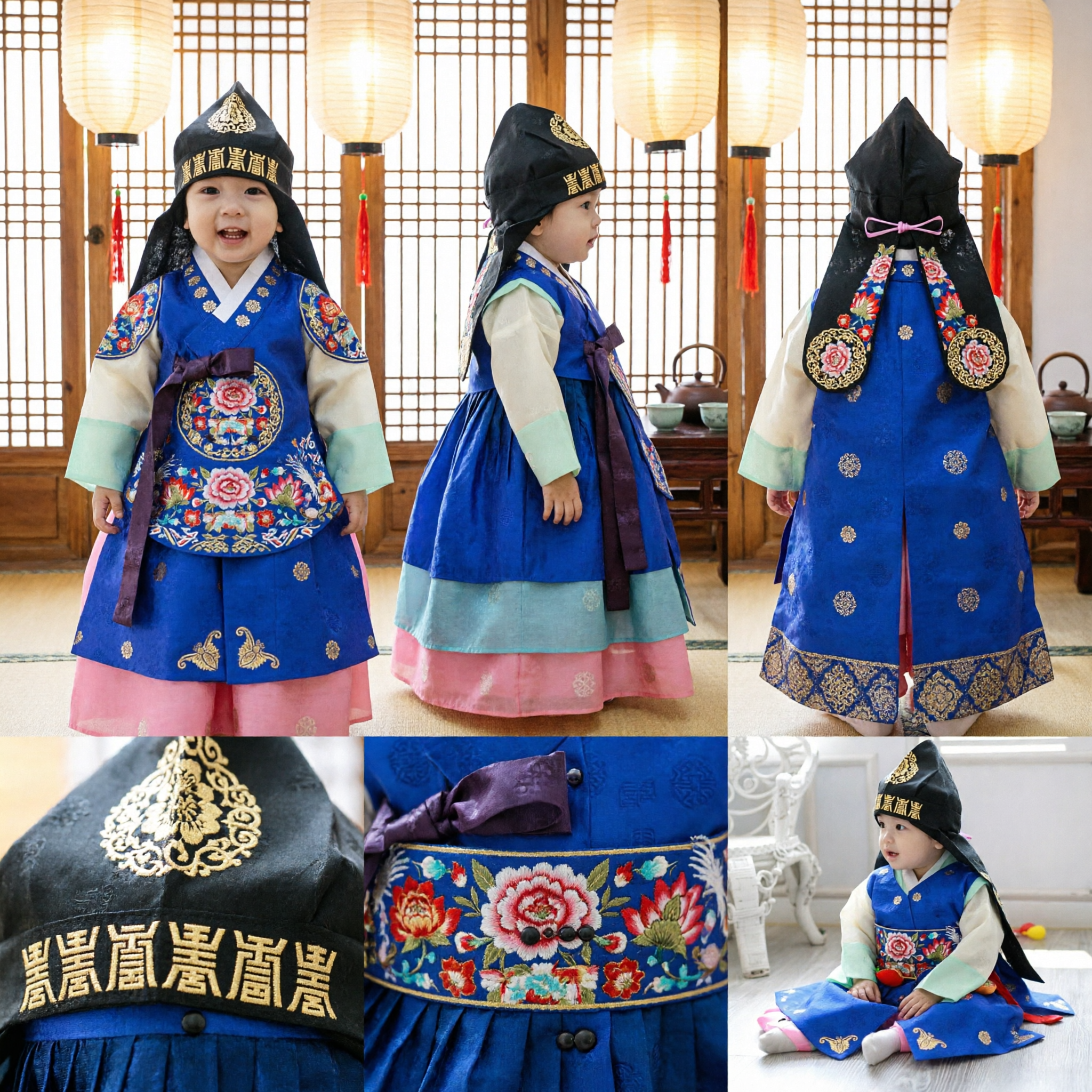 Traditional Korean Baby Hanbok Costume Set for Boys Blue Ceremonial Doljanchi First Birthday Outfit - Asian Costume