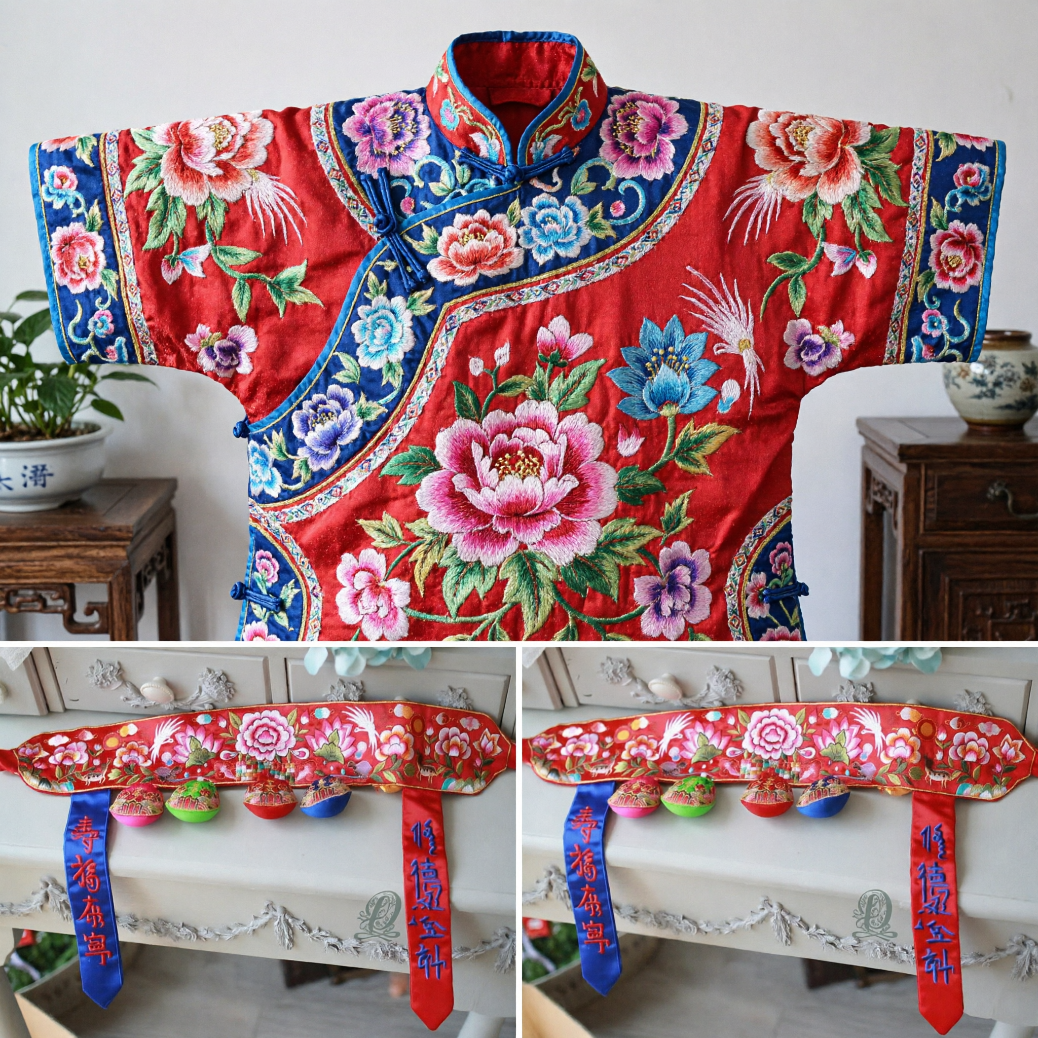 Traditional Chinese Handmade Embroidered Baby Sash with Auspicious Flowers and Hanging Ornaments for Newborn Full Moon Gift - Asian Costume