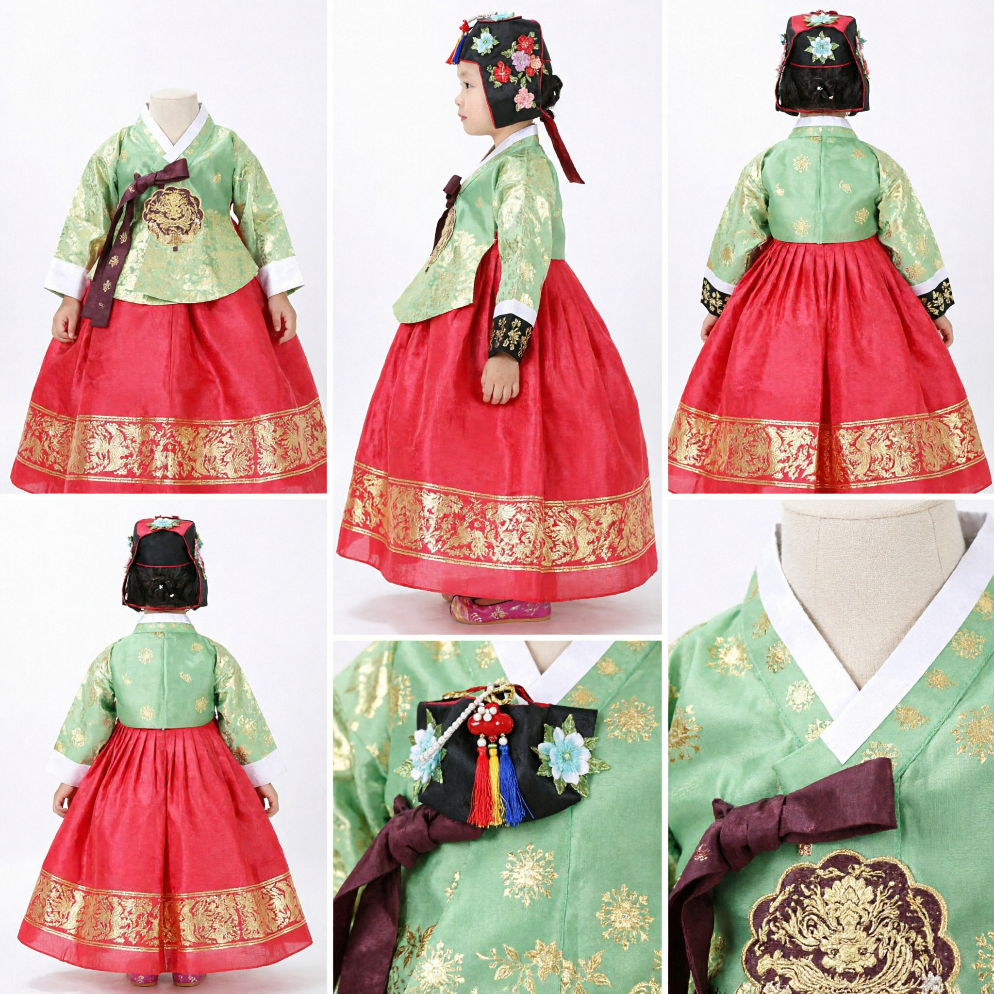 Traditional Korean Hanbok for Girls Green Jeogori Red Chima Set Embroidered Kids Costume for Festivals - Asian Costume