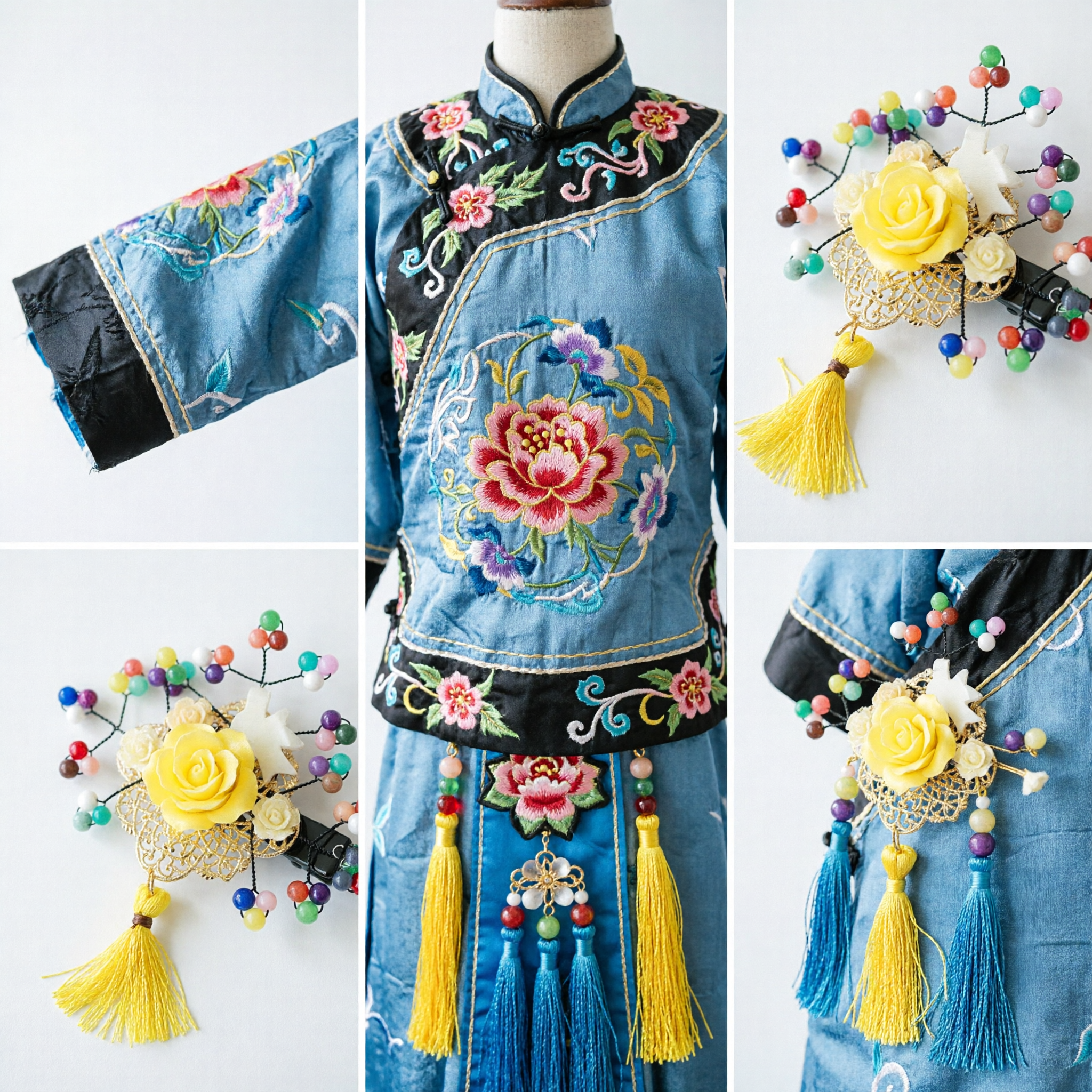 Traditional Chinese Yellow Rose Hair Stick with Colorful Beads and Tassel for Hanfu Accessories - Asian Costume