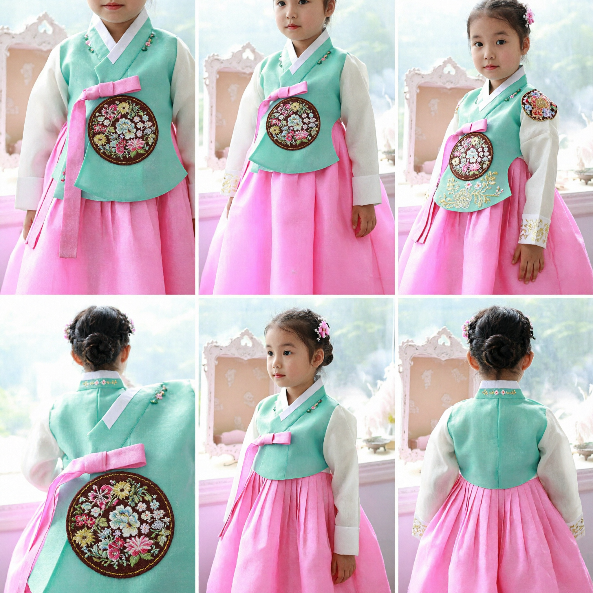 Traditional Korean Hanbok Dress for Girls Kids Embroidered Mint Green Top Pink Skirt Formal Occasion Costume - Asian Costume