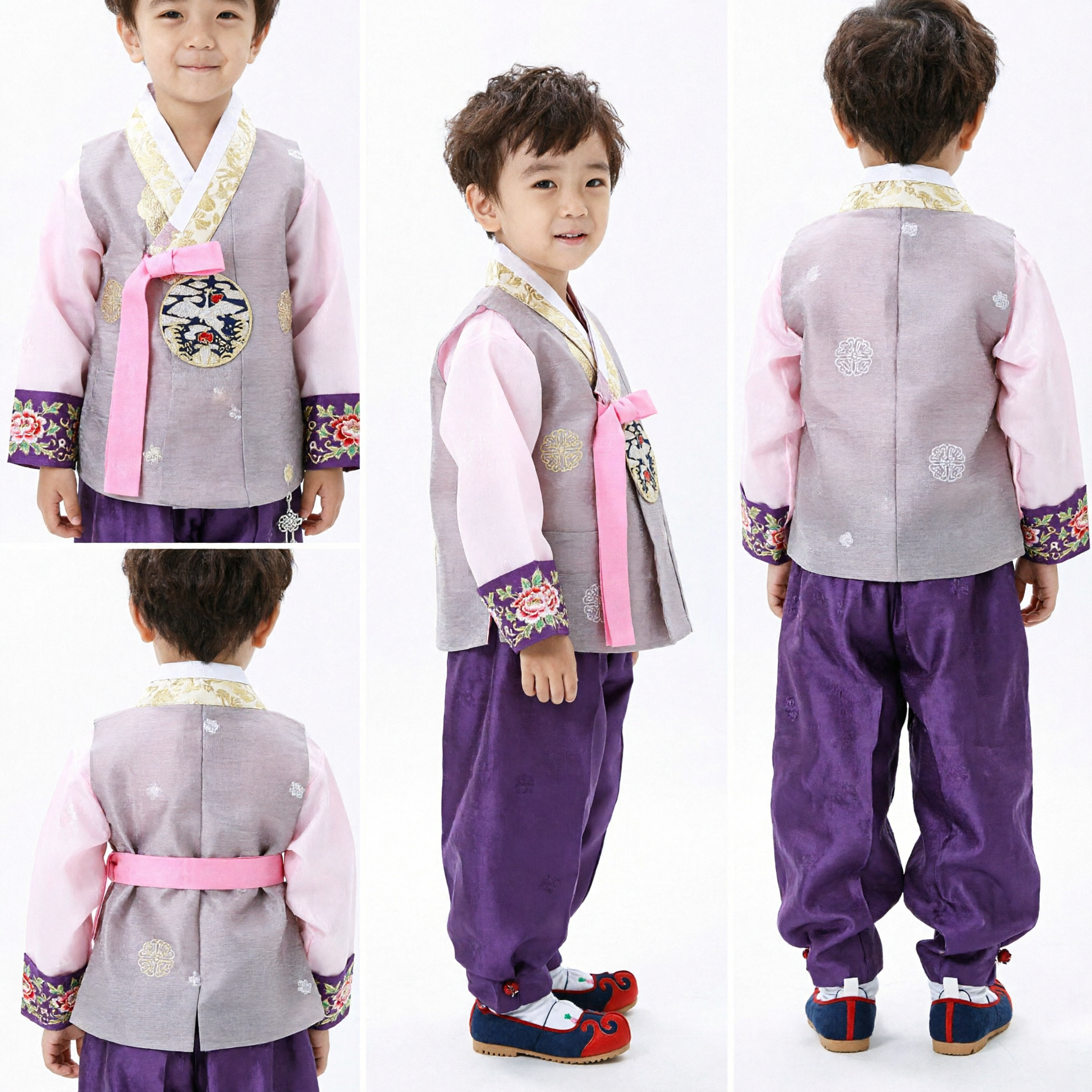 Traditional Korean Hanbok for Boys Kids Purple Pants Pink Jeogori Wedding Doljanchi Party Costume - Asian Costume