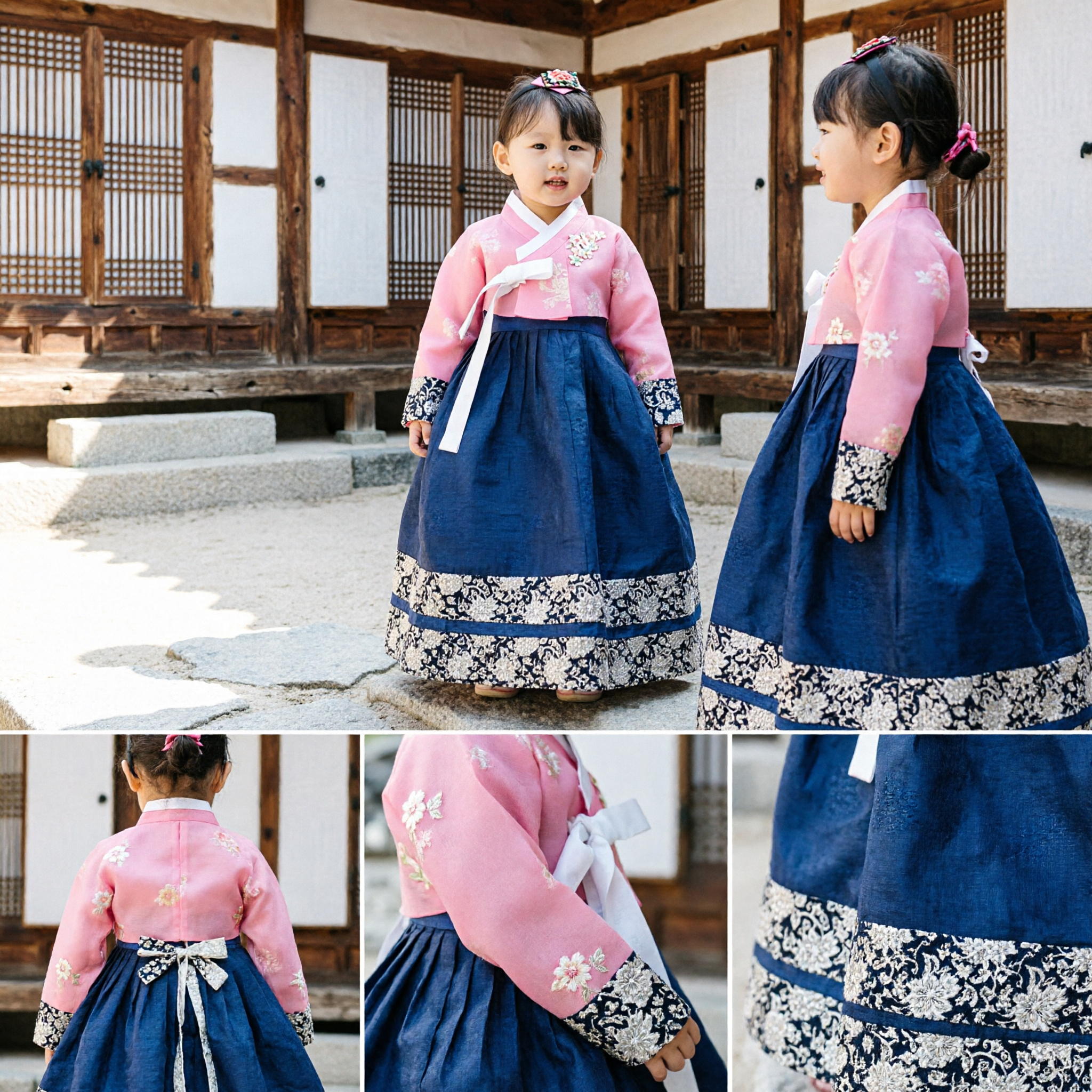Traditional Korean Hanbok Dress for Toddler Girls Pink Top Blue Skirt Wedding Birthday Outfit - Asian Costume