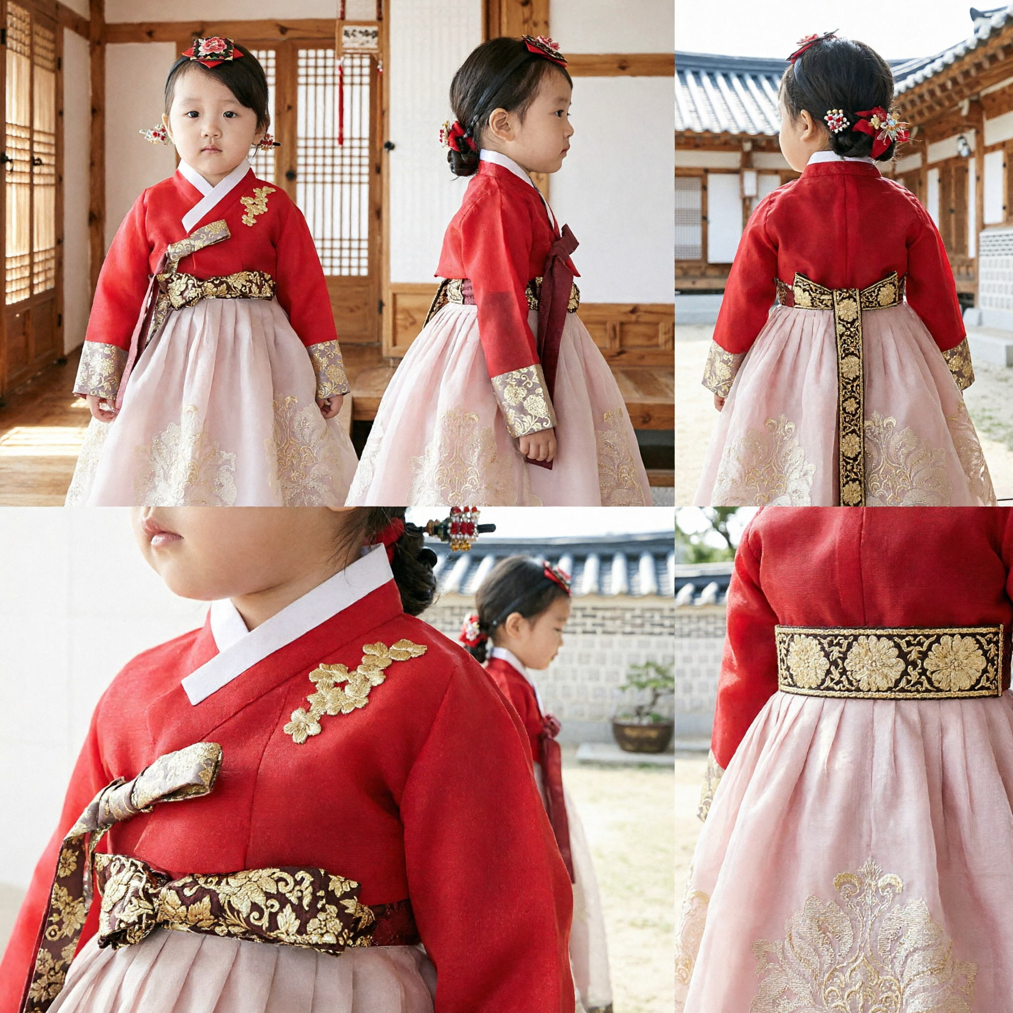 Traditional Korean Hanbok for Toddler Girls Red Jeogori Pink Chima First Birthday Doljanchi Dress - Asian Costume