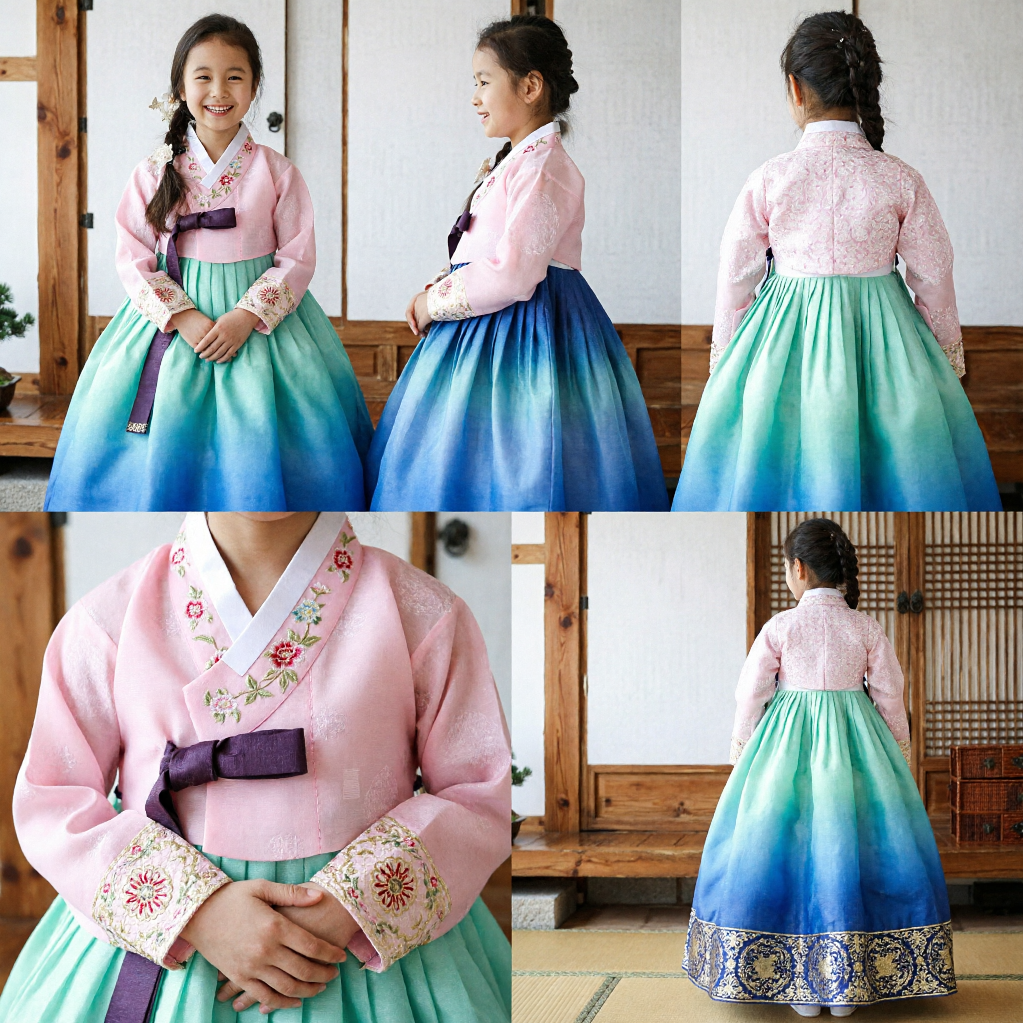 Traditional Korean Hanbok for Girls Pink Lace Jeogori and Mint Green Chima Kids Formal Dress - Asian Costume