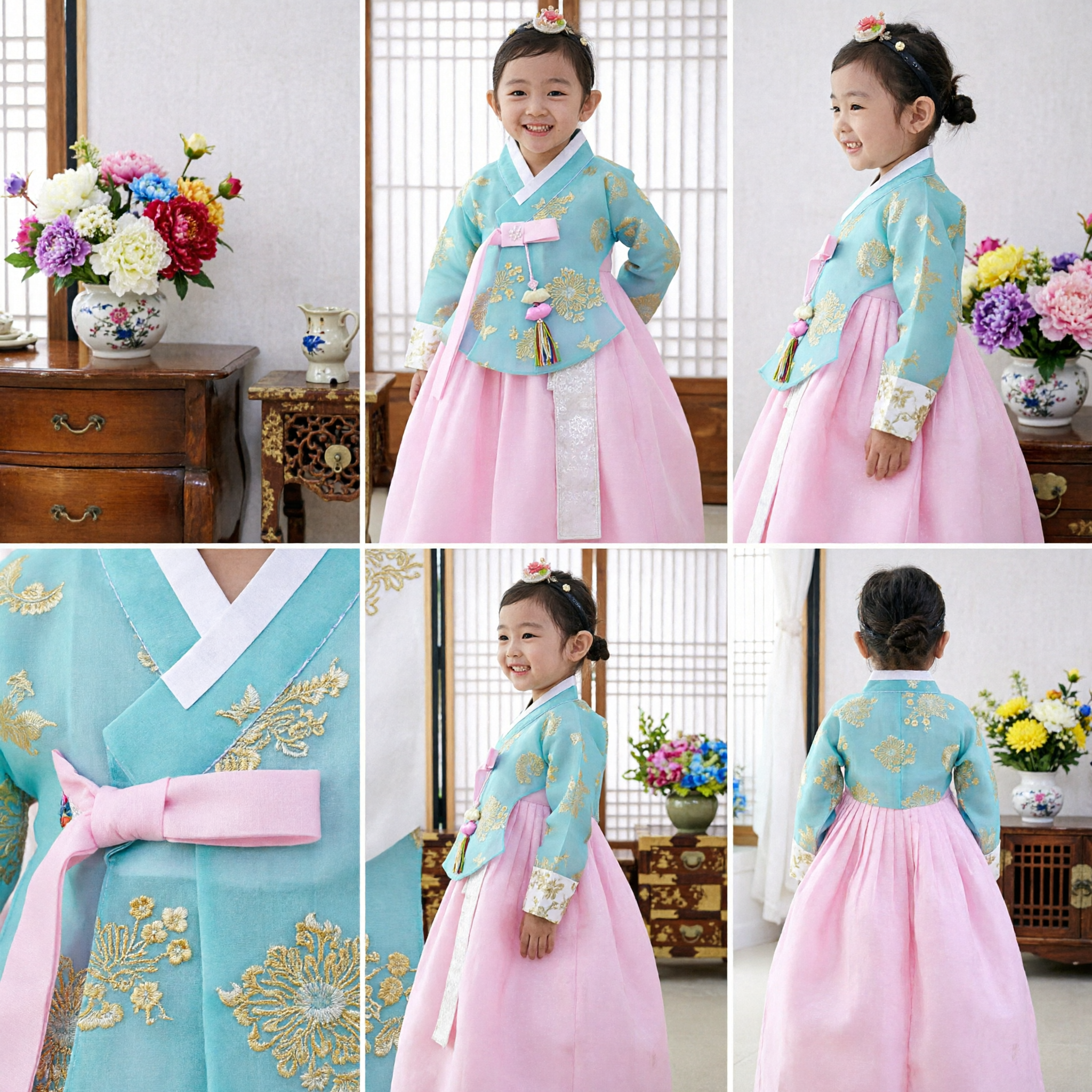 Girls Korean Traditional Hanbok Dress Blue Jeogori Pink Chima Costume for Kids Wedding Festival - Asian Costume