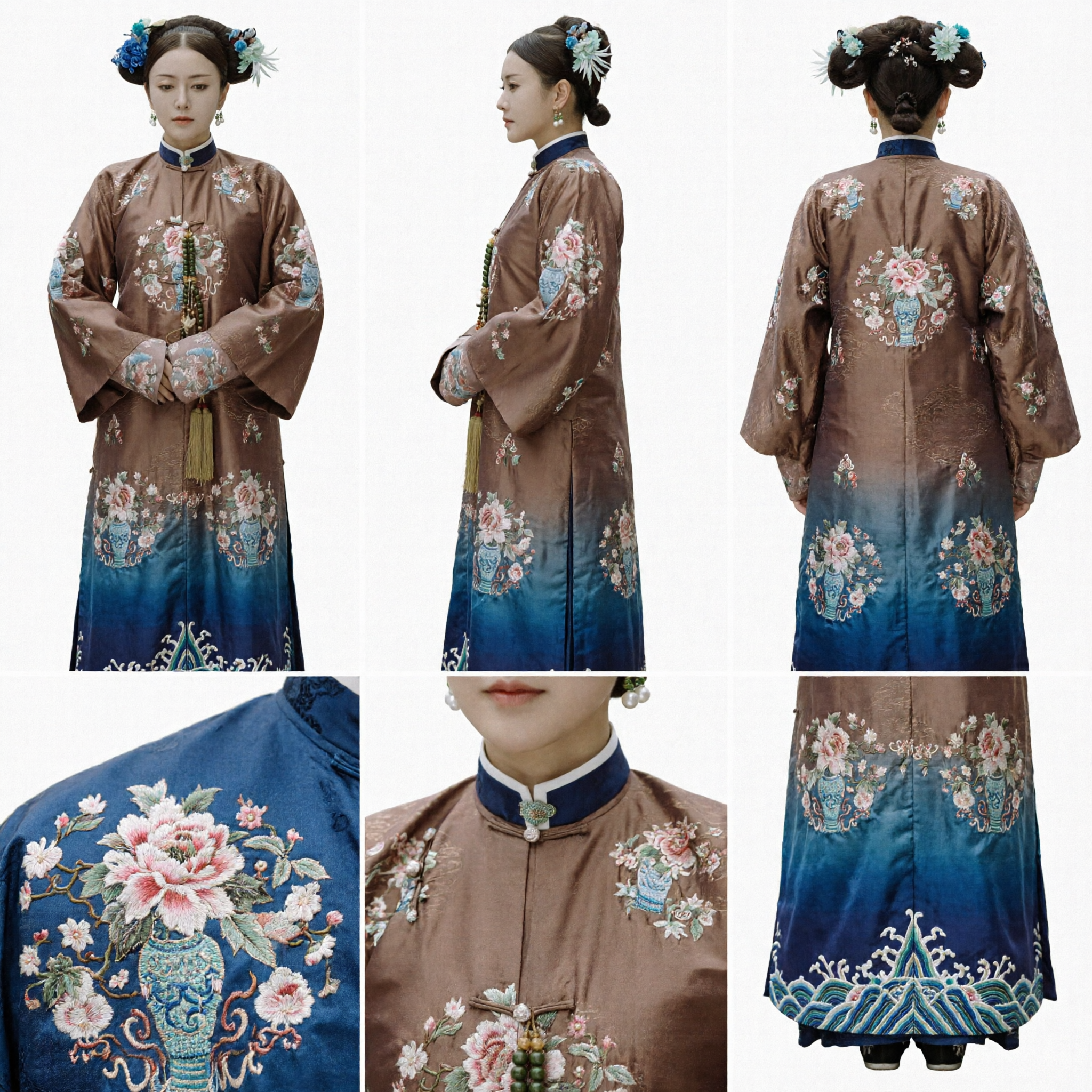 Ancient Chinese Qing Dynasty Manchu Palace Lady Costume Brown Floral Embroidery Robe Traditional Clothing for Women - Asian Costume