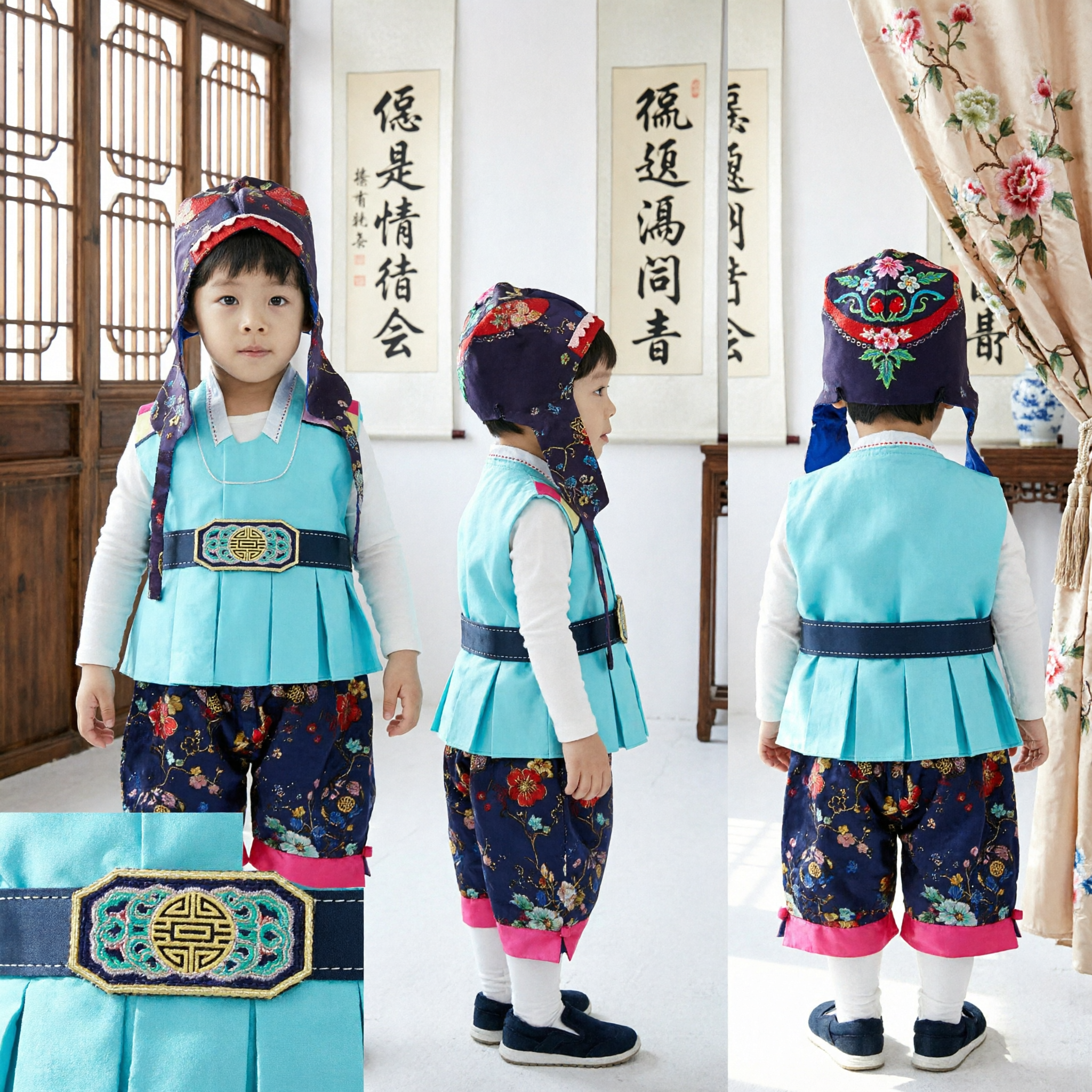 Traditional Korean Hanbok for Boys Blue Embroidered Vest and Pants Set for Kids Ceremonial Occasions - Asian Costume