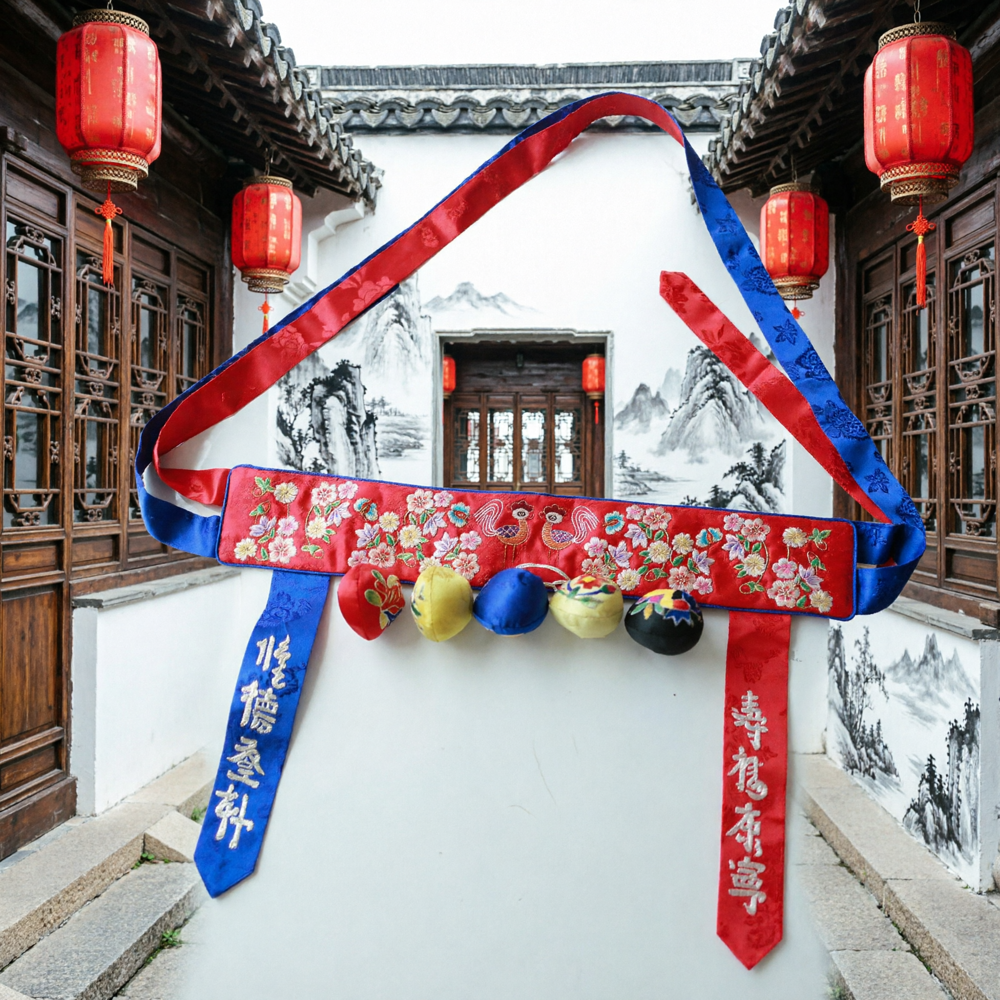 Traditional Korean Baby Dol Belt Red Embroidered Sash with Five Color Pouches for First Birthday Hanbok Accessory - Asian Costume