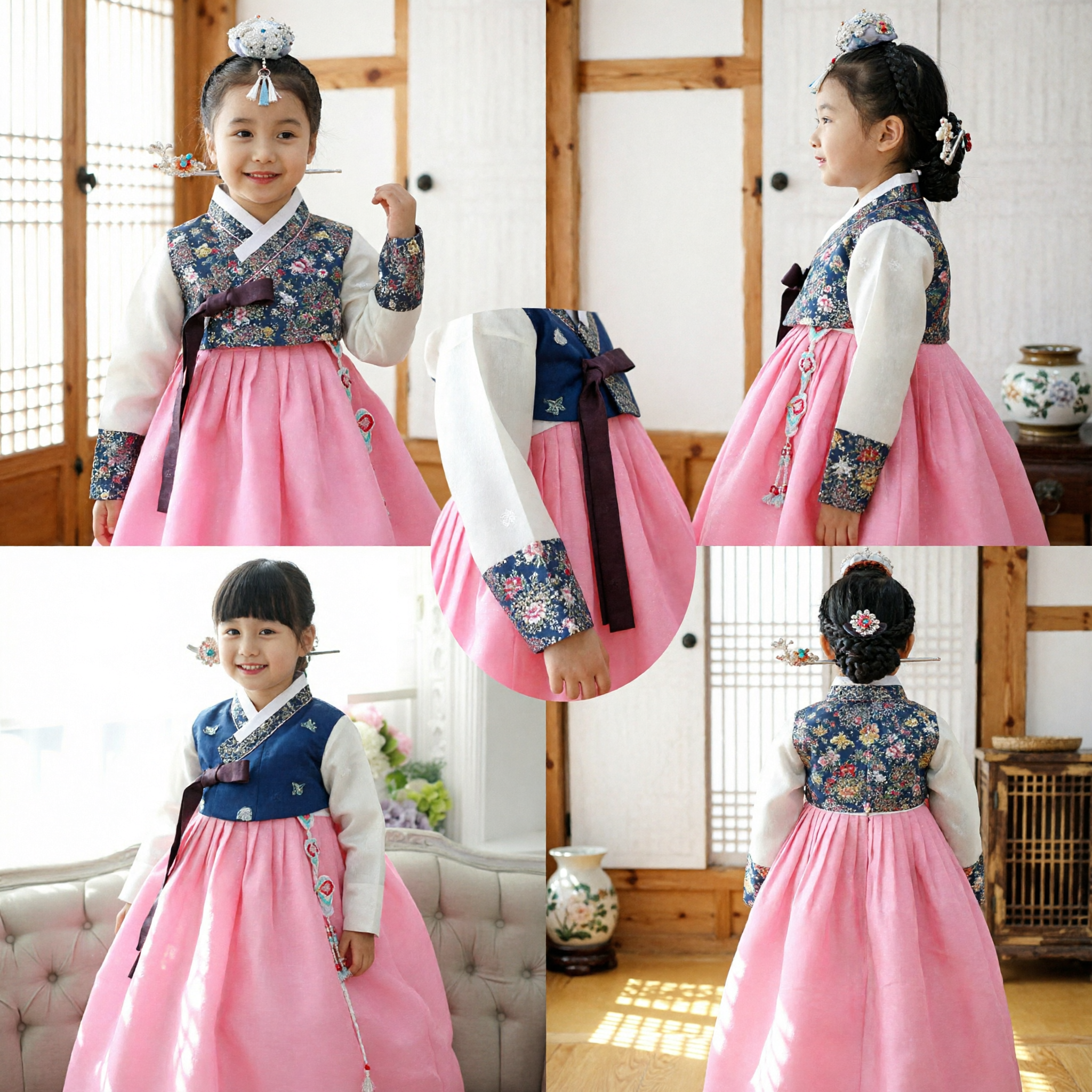 Girls Korean Traditional Hanbok Pink Chima Floral Jeogori Dress for Birthday Party Costume - Asian Costume