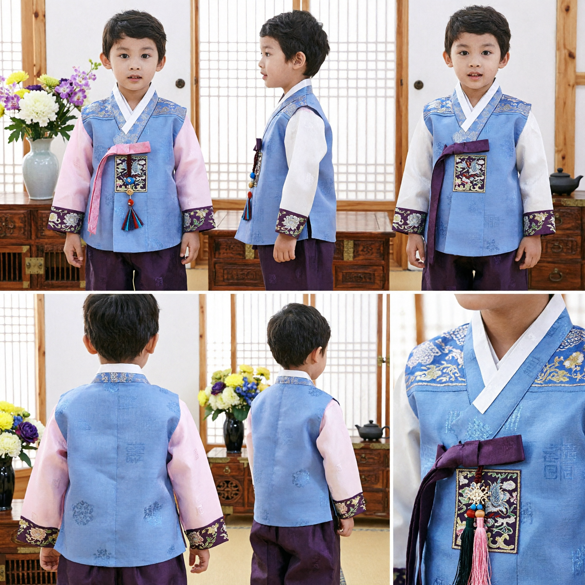 Traditional Korean Hanbok for Boys Blue Vest Pink Sleeves Formal Cultural Costume Kids Holiday Wear - Asian Costume