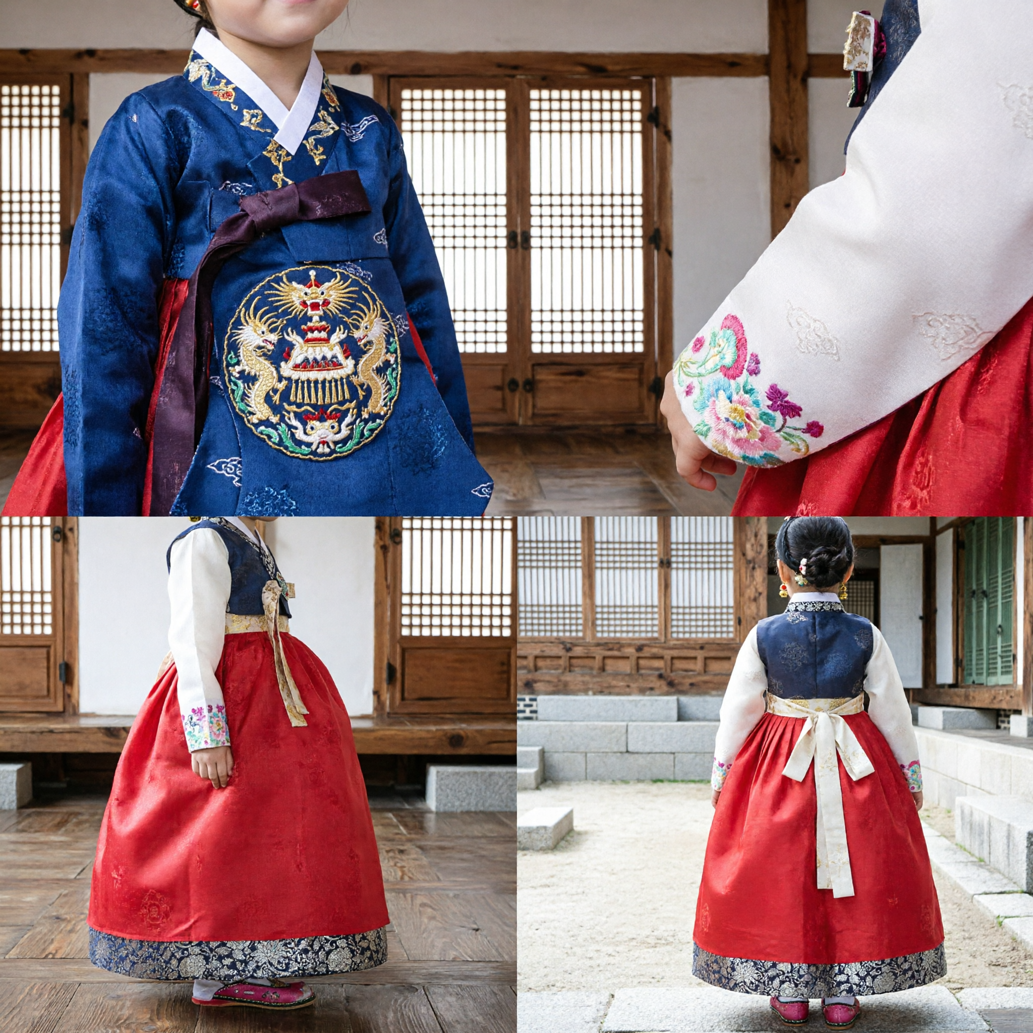 Traditional Korean Hanbok Dress for Girls Red Skirt Blue Jeogori Formal Holiday Birthday Costume - Asian Costume