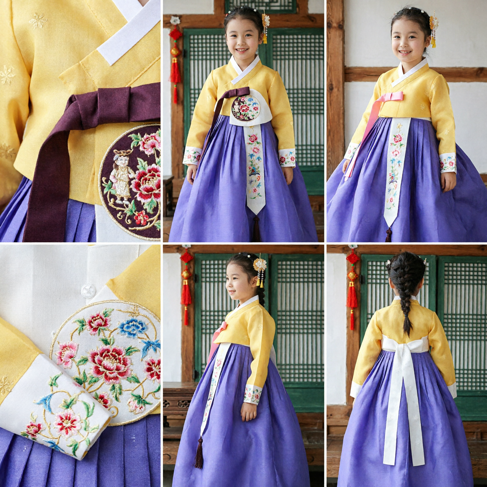 Kids Traditional Korean Hanbok Dress Yellow Jeogori Purple Chima Girls Festival Wedding Costume - Asian Costume
