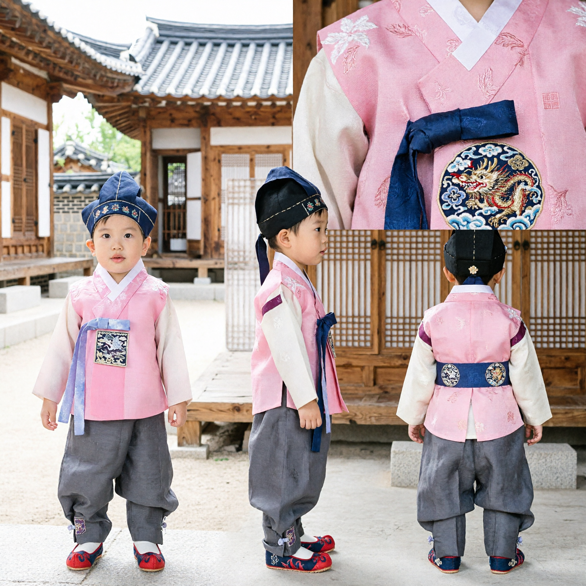Traditional Korean Hanbok Baby Boy Costume Pink Vest Grey Pants Hat for First Birthday Celebration - Asian Costume