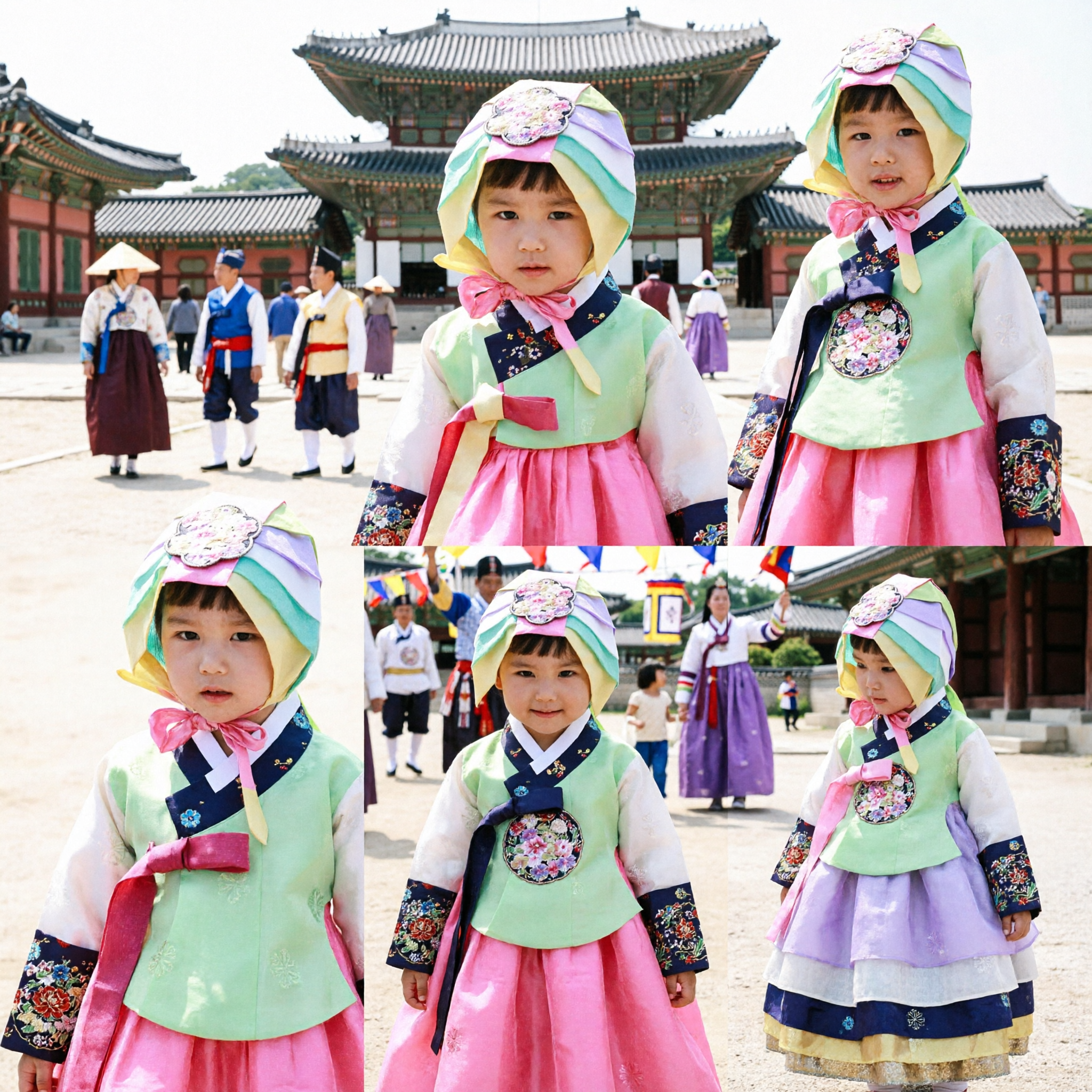 Kids Traditional Korean Hanbok Costume with Colorful Patchwork Hat for Doljanchi First Birthday Party - Asian Costume