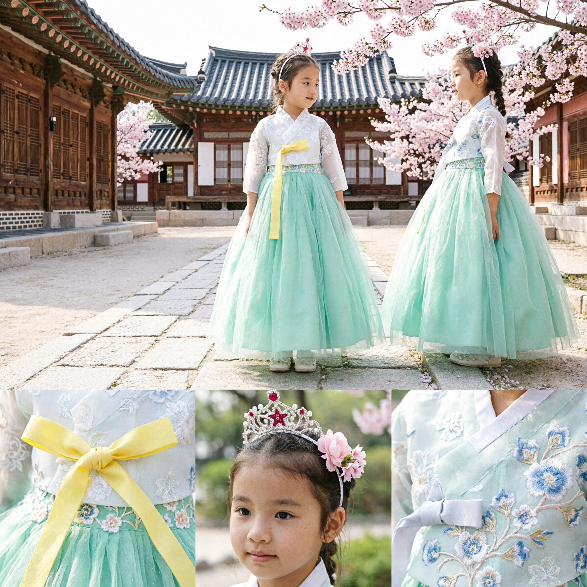 Korean Traditional Hanbok Dress for Kids Girls Green Chima White Jeogori Birthday Party Performance Costume - Asian Costume