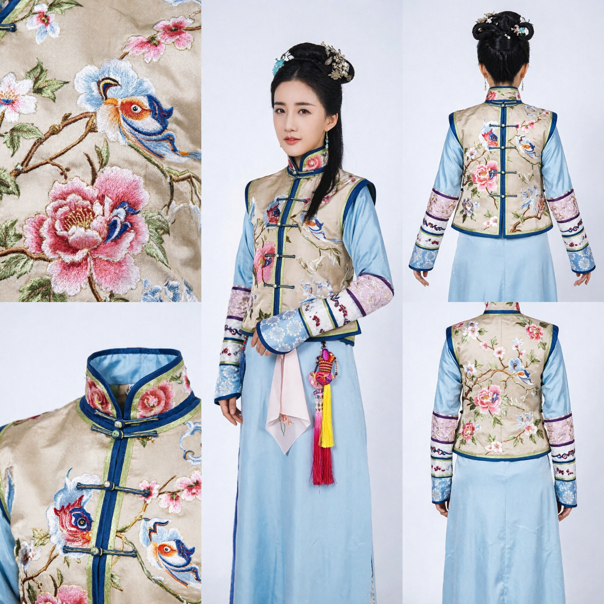 Traditional Chinese Qing Dynasty Noblewoman Costume Blue Embroidered Robe with Vest Ancient Princess Dress for Women - Asian Costume
