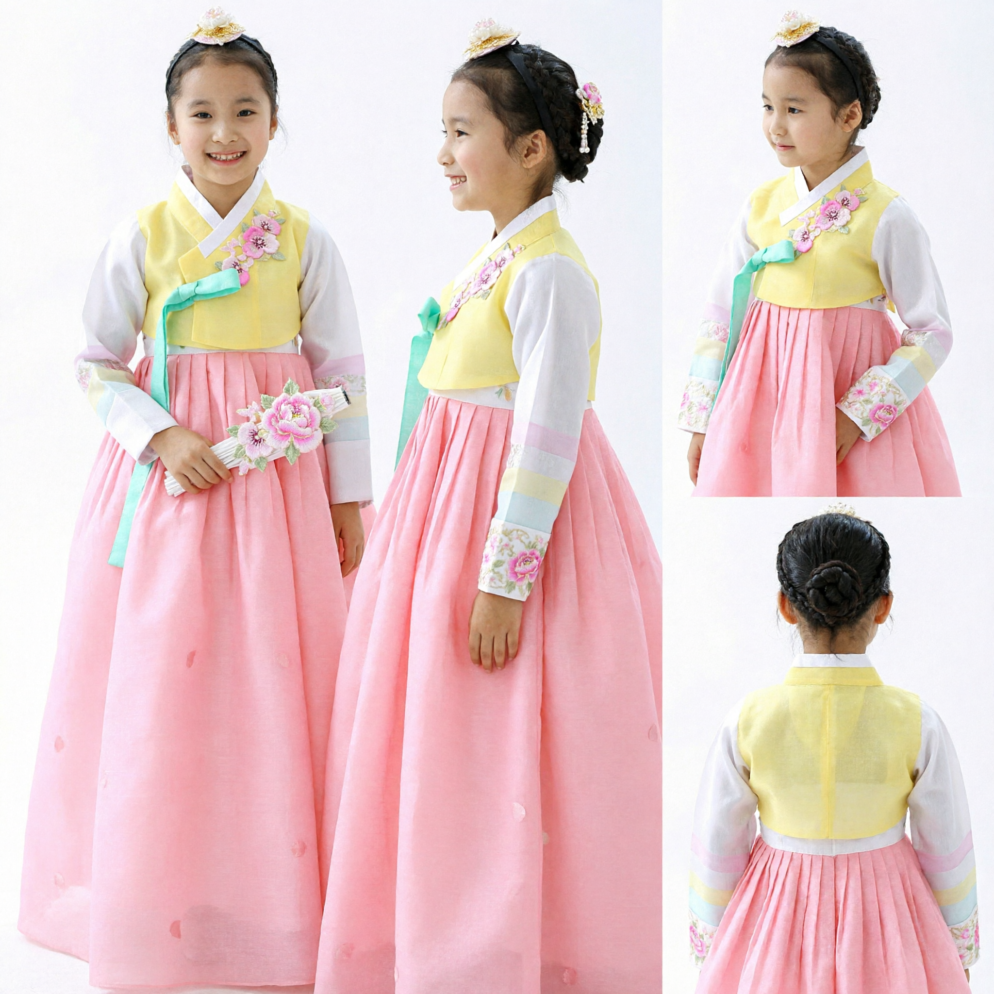 Kids Traditional Korean Hanbok Costume Girl Yellow Embroidered Top Pink Skirt Set for Wedding Party - Asian Costume