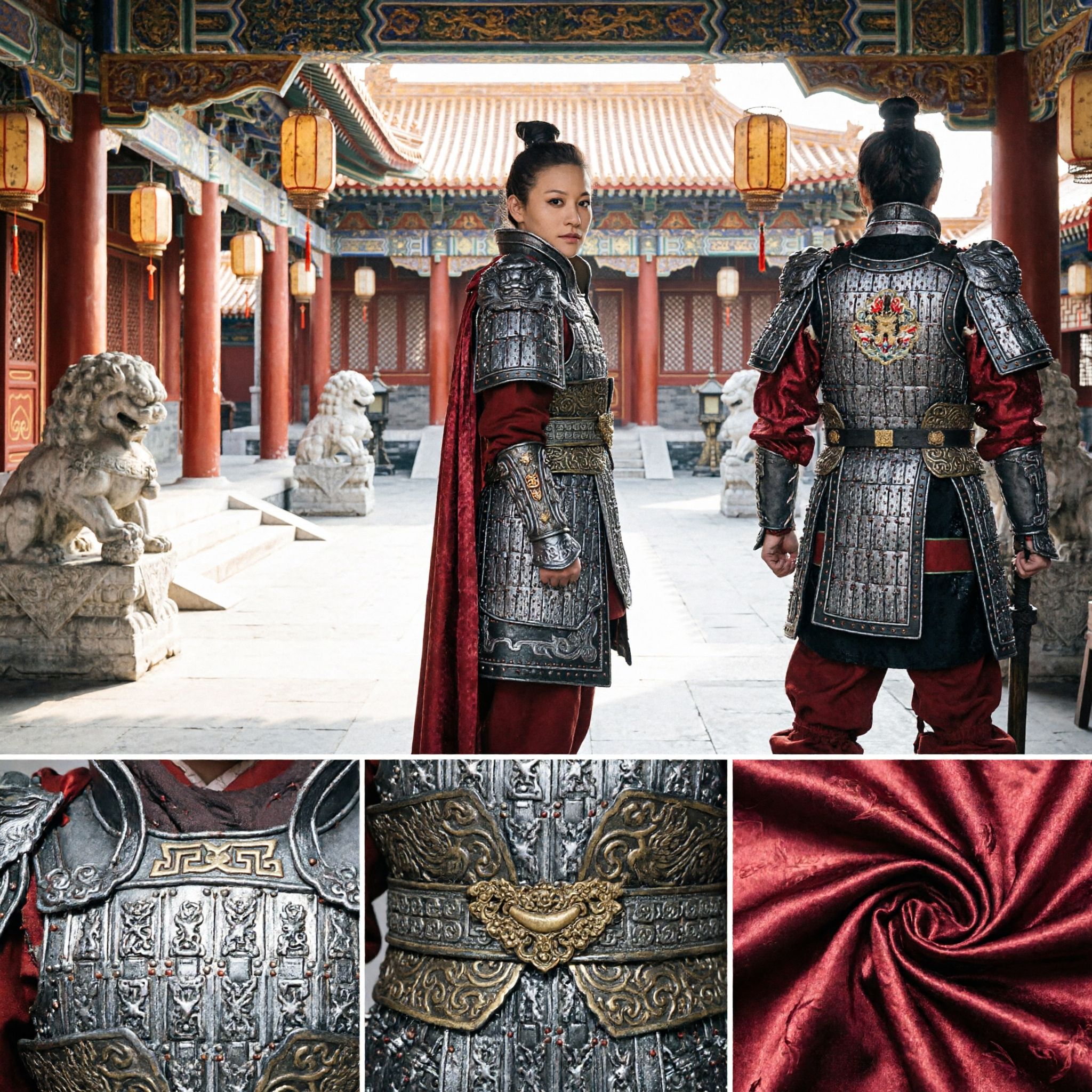 Ancient Chinese Female General Armor Costume Traditional Warrior Cosplay Outfit with Red Cape for Stage Performance - Asian Costume