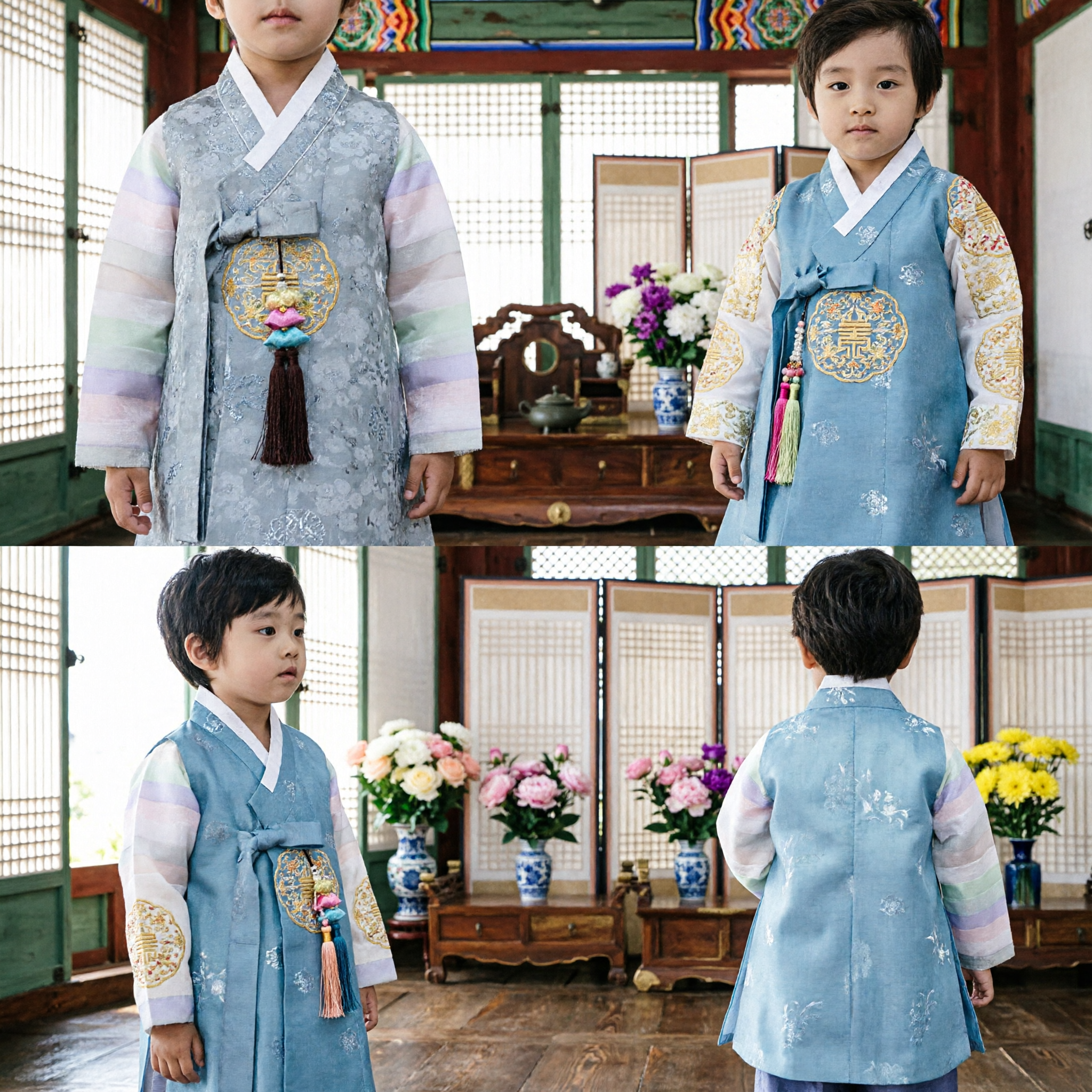 Boys Korean Hanbok Traditional Costume Set Grey Patterned Jeogori Vest and Blue Pants for Wedding Birthday - Asian Costume