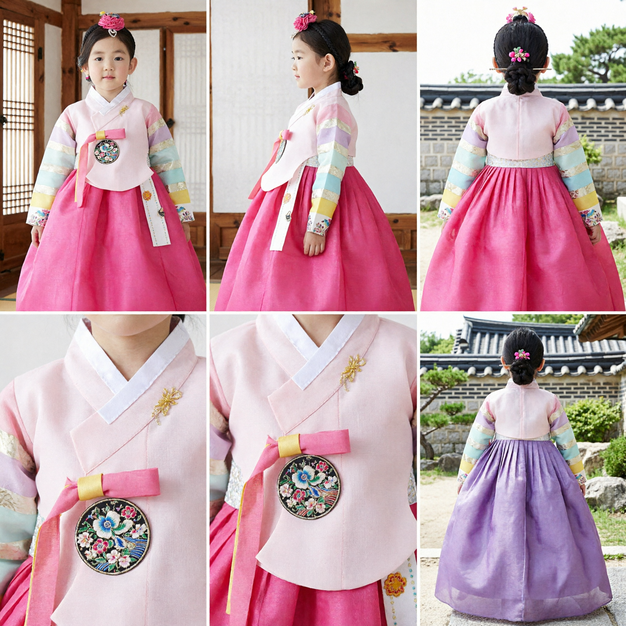 Girls Traditional Korean Hanbok Pink Rainbow Sleeve Top and Skirt Set for Festivals and Ceremonies - Asian Costume