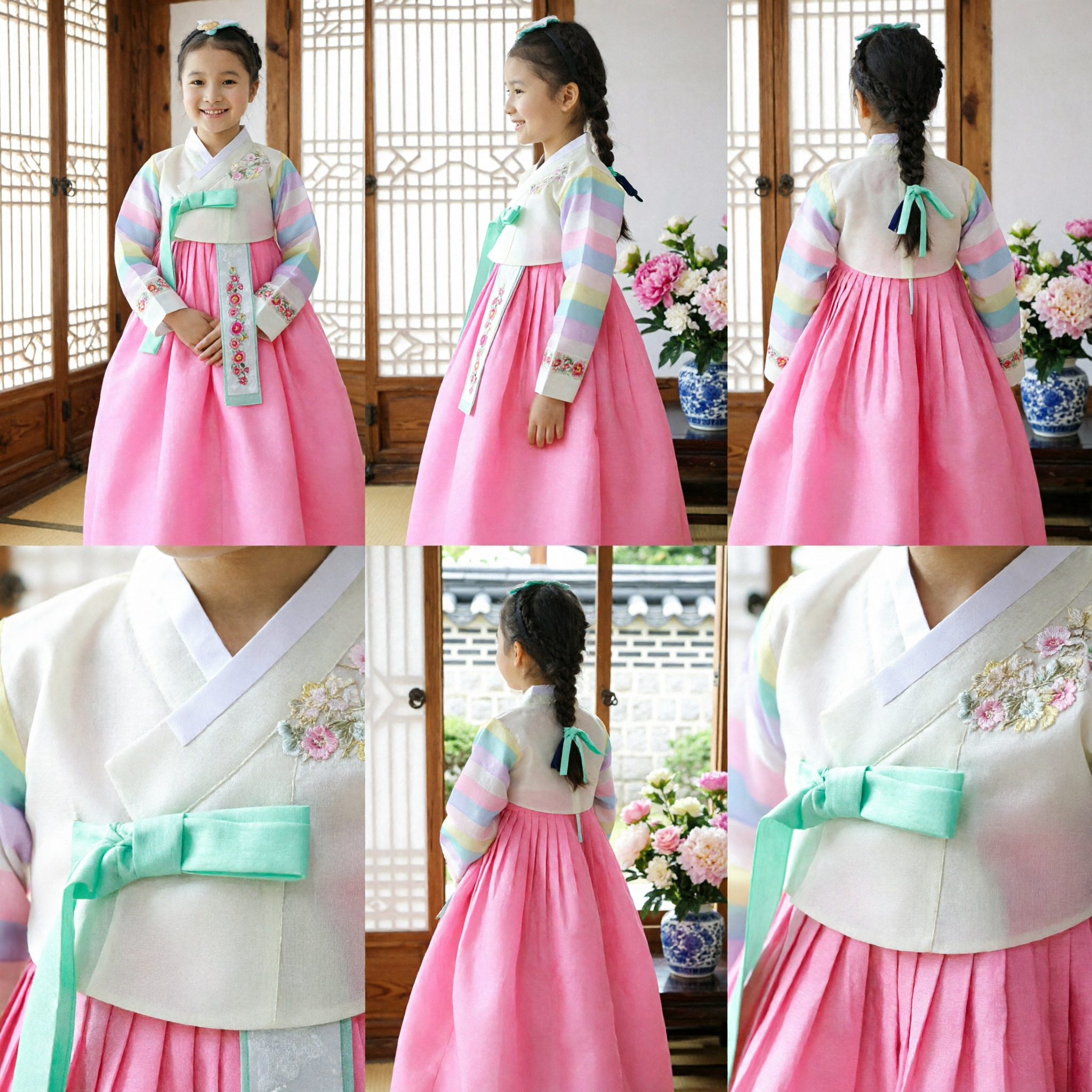 Traditional Korean Hanbok for Girls Rainbow Striped Jeogori and Pink Chima Set for Birthday and Holidays - Asian Costume