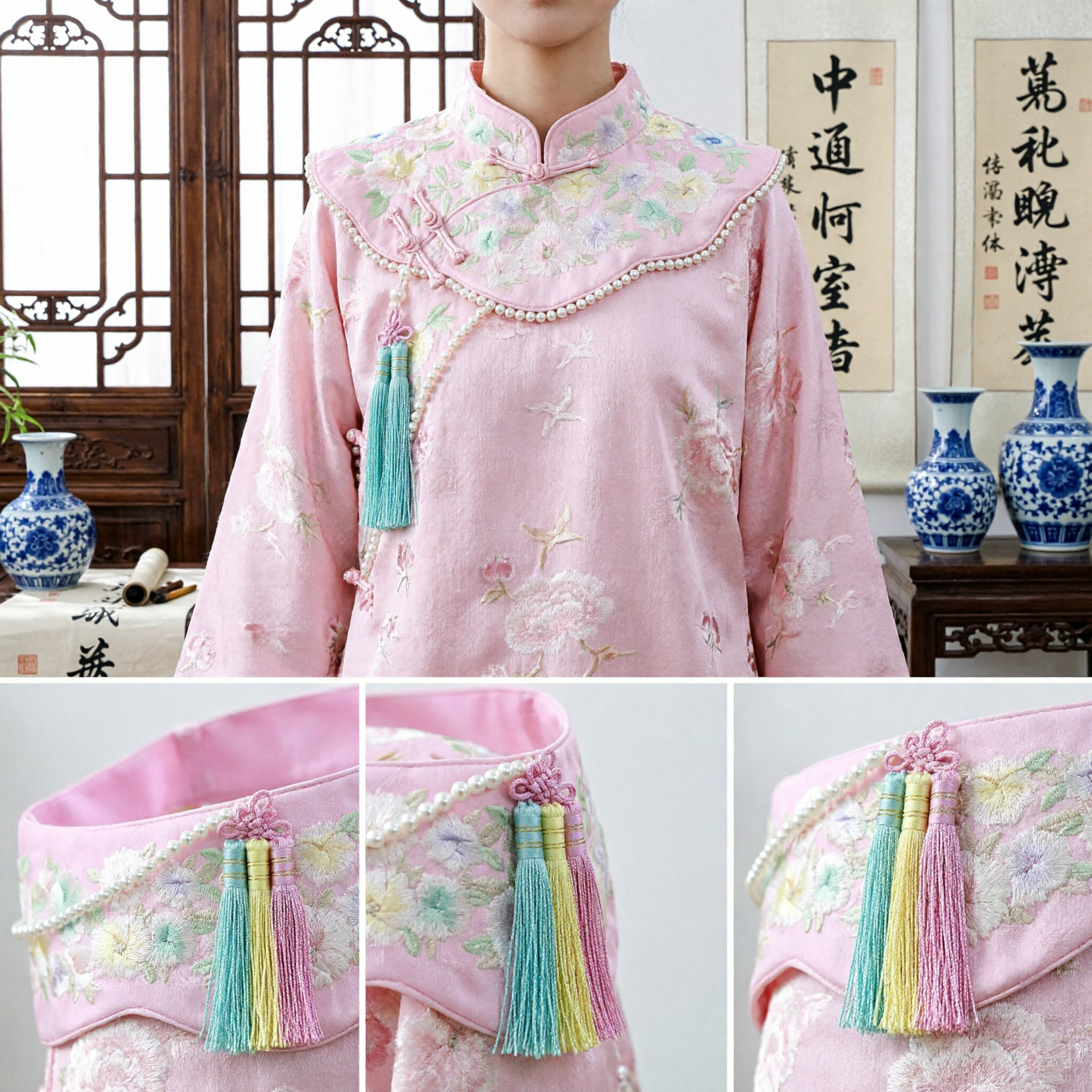 Traditional Chinese Pink Floral Embroidery Headband with Tassels for Hanfu Qing Dynasty Costume Accessories - Asian Costume