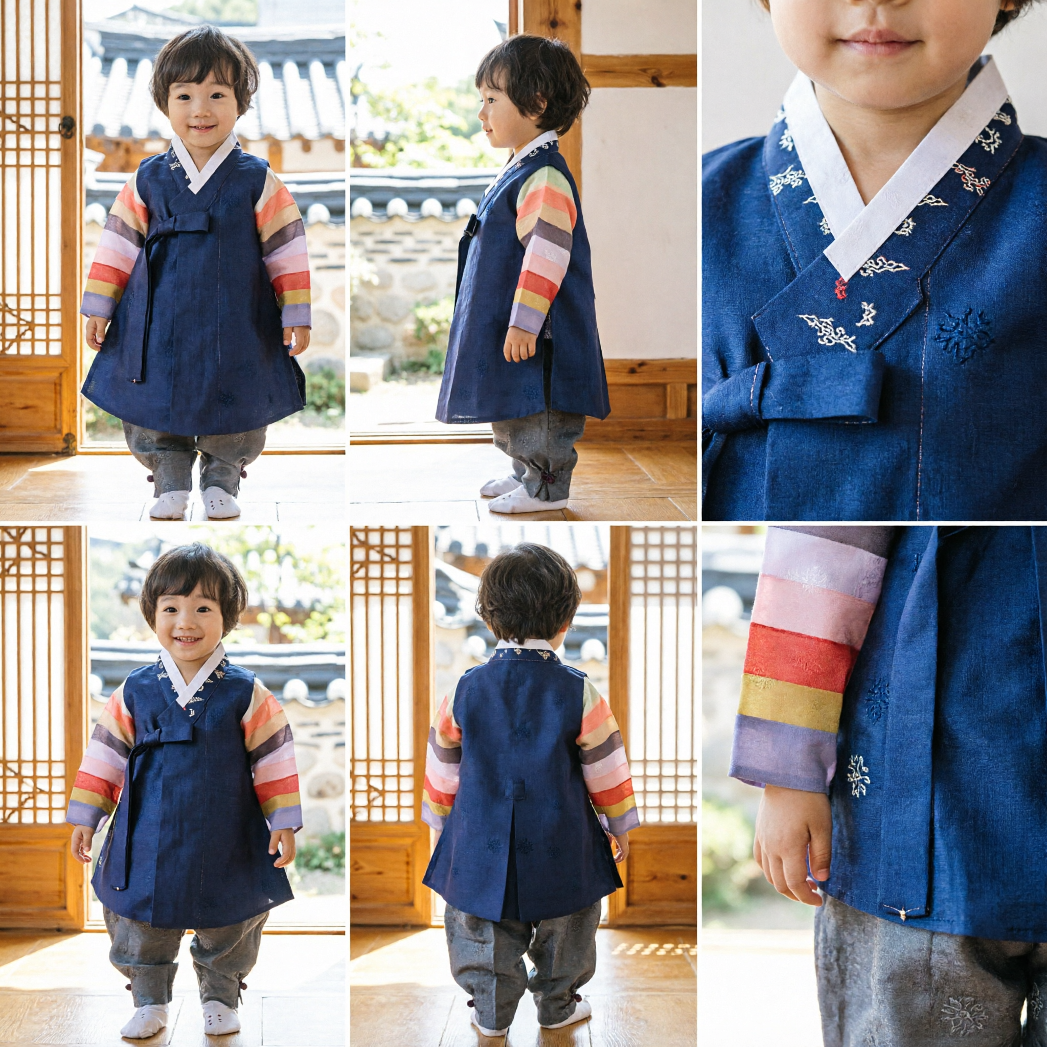 Traditional Korean Hanbok for Kids Blue Vest with Colorful Striped Sleeves and Grey Pants for Boys Ceremonies - Asian Costume