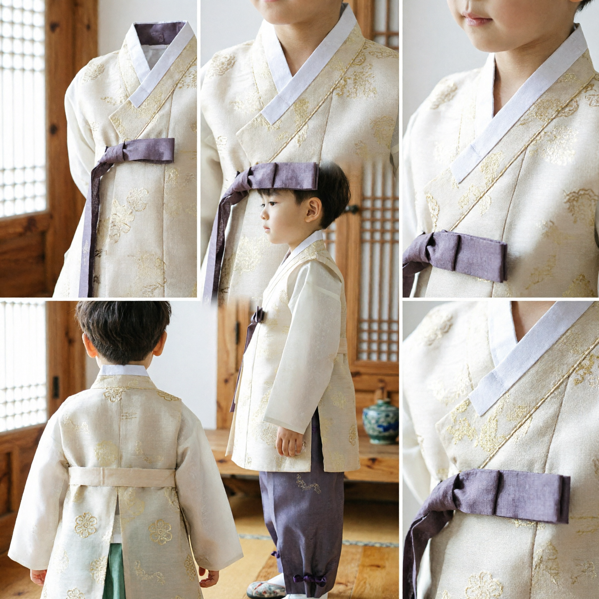 Boys Korean Hanbok Traditional Costume Cream Gold Jeogori and Grey Pants for Dol Birthday Wedding Party - Asian Costume