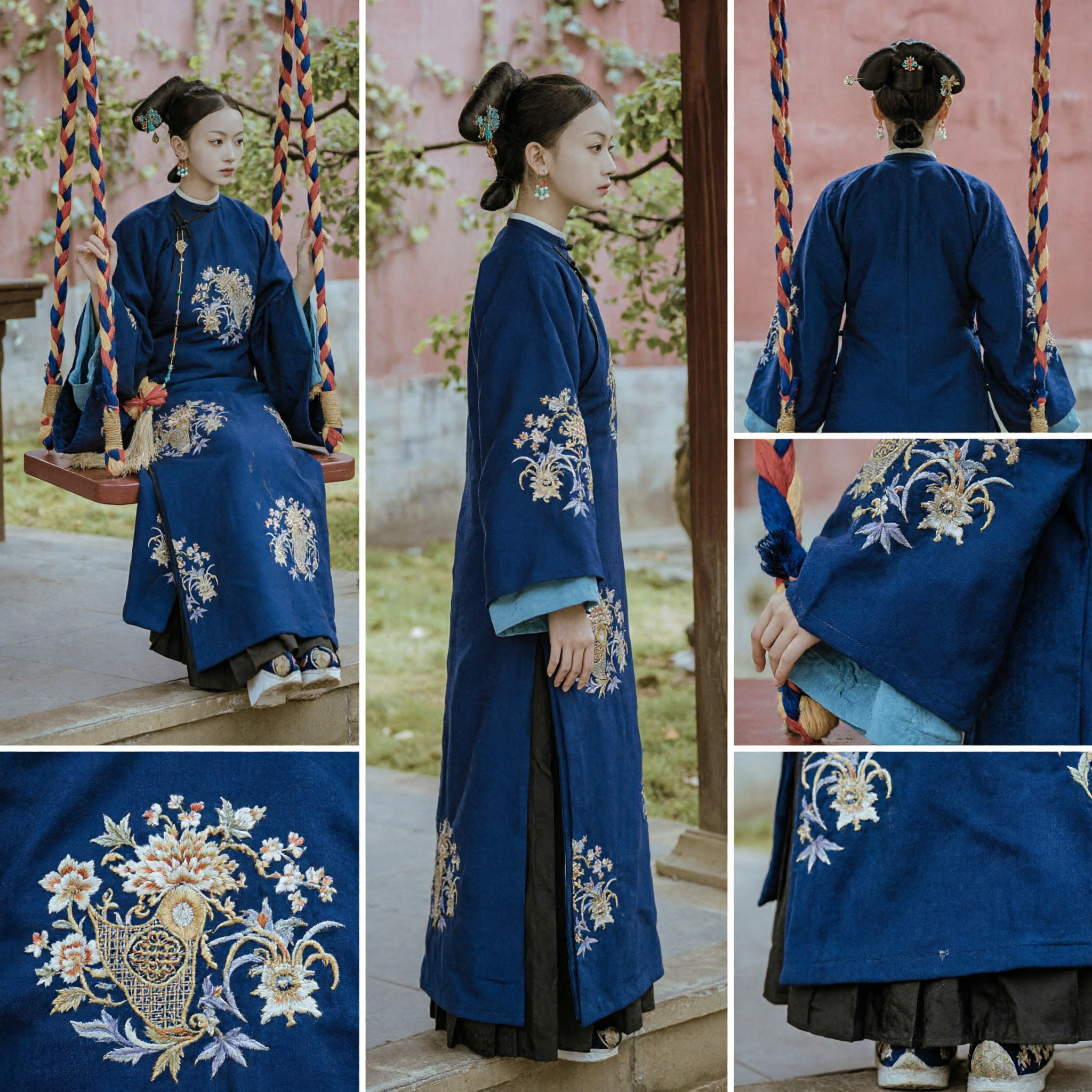 Traditional Chinese Qing Dynasty Manchu Palace Lady Blue Embroidered Robe Historical Costume for Women - Asian Costume