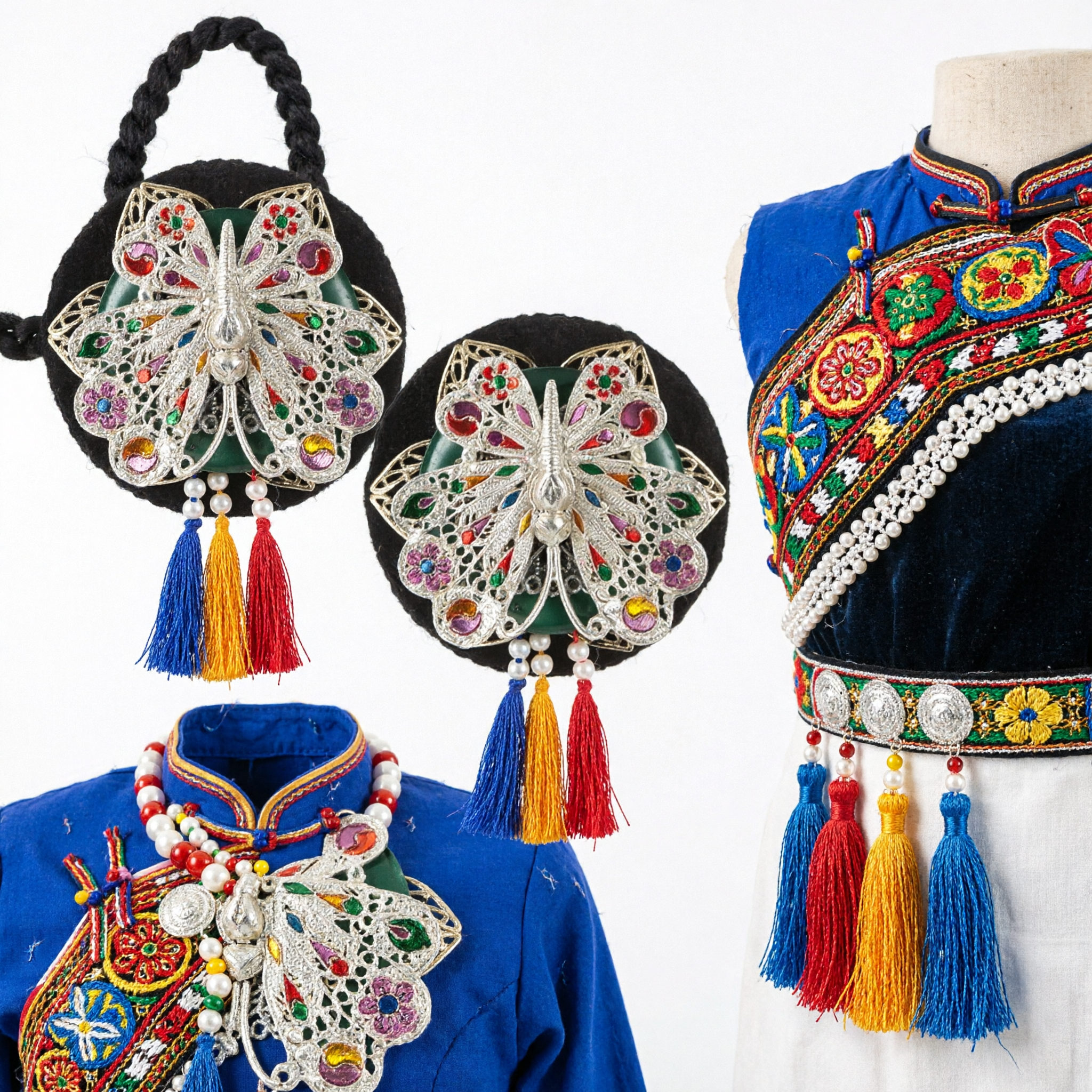 Traditional Chinese Butterfly Waist Ornament Rhinestone Pendant with Colorful Tassels for Hanfu Costume Accessories - Asian Costume