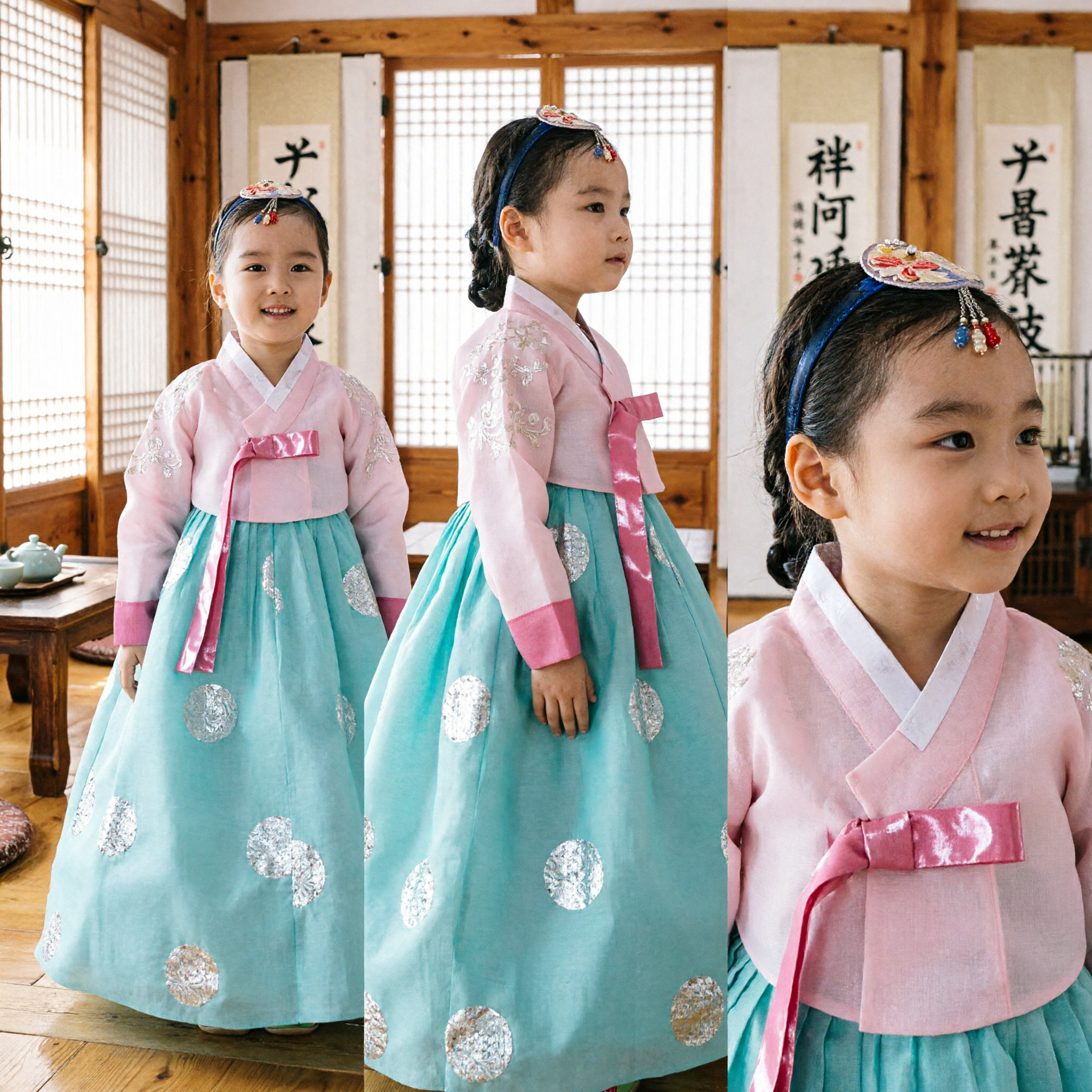 Korean Traditional Hanbok Dress for Girls Pink Jeogori Blue Chima Kids Holiday Party Costume - Asian Costume