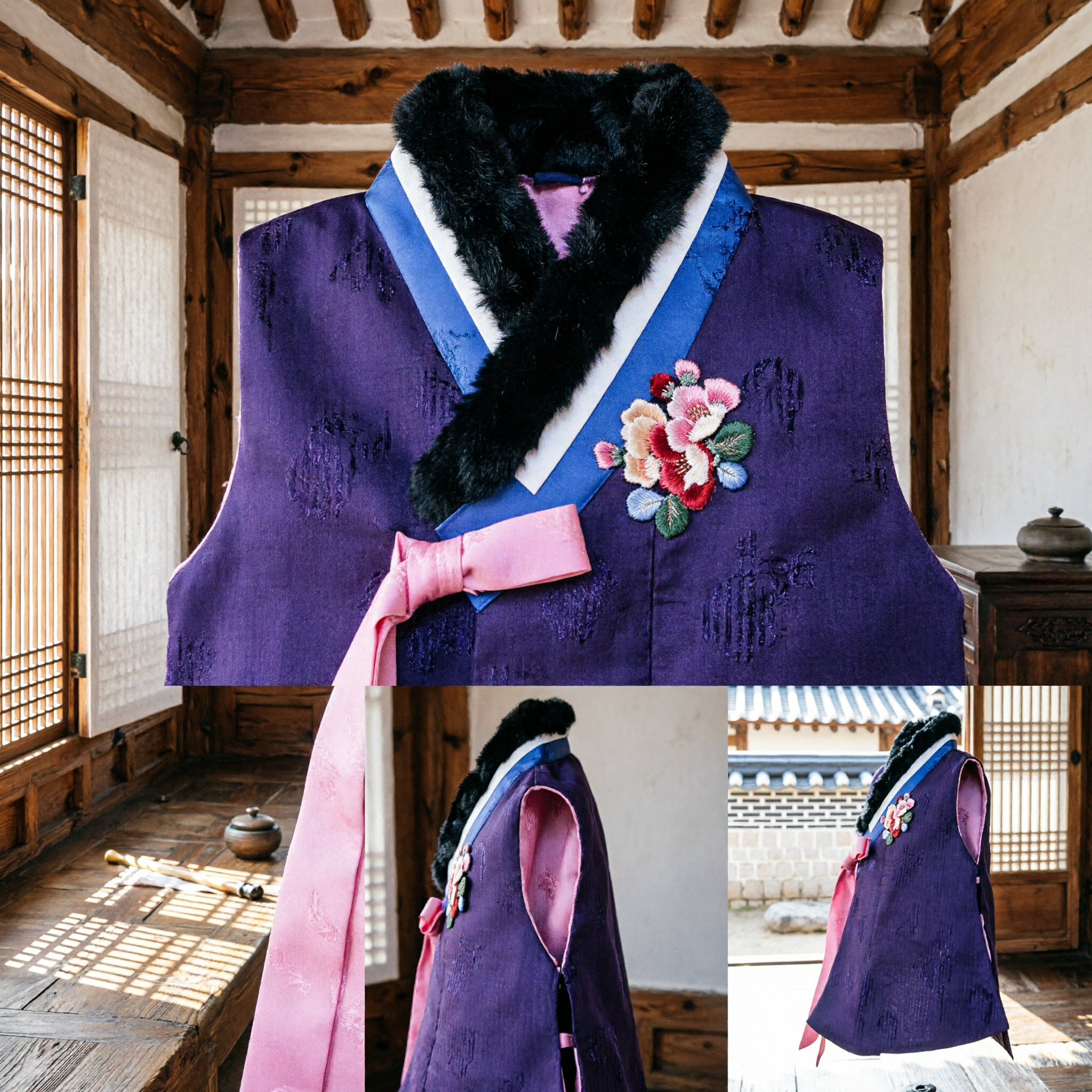 Purple Korean Hanbok Traditional Baeja Vest with Black Fur Collar and Floral Embroidery for Women Winter Festivals - Asian Costume