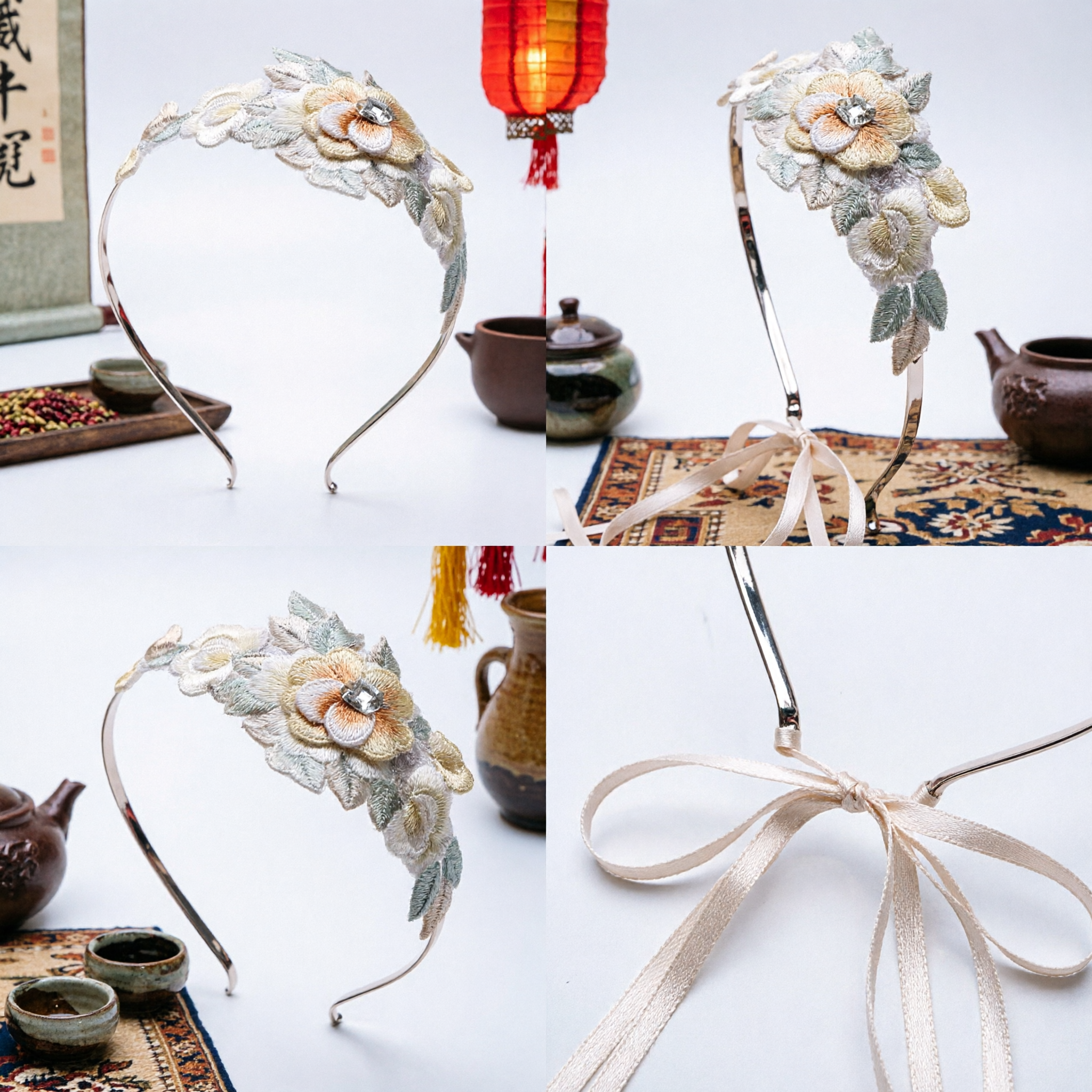 Exquisite Handmade Embroidered Floral Hair Vine Headband Traditional Chinese Bridal Wedding Hair Accessory for Hanfu - Asian Costume