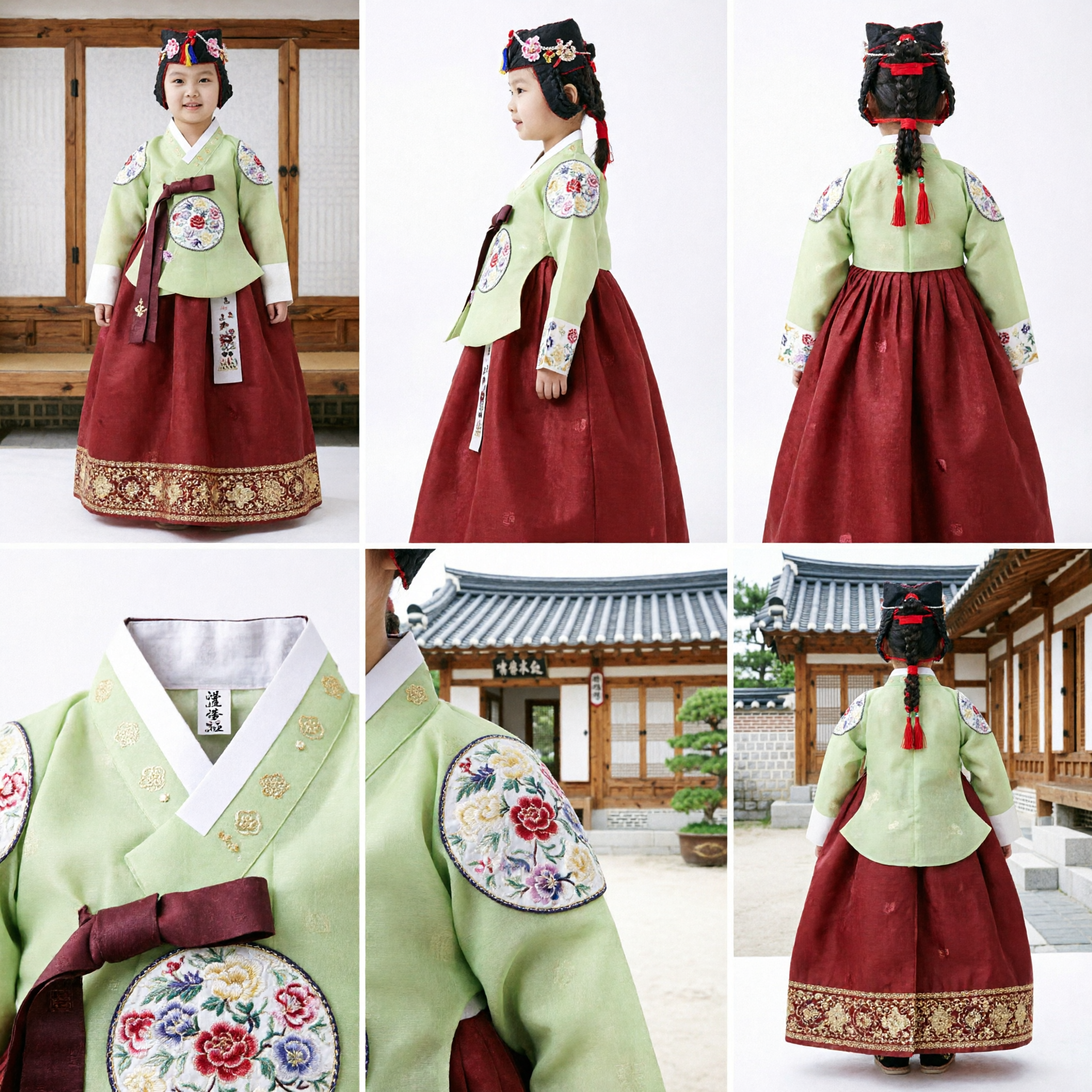 Traditional Korean Hanbok for Girls Kids Green Jeogori Red Chima Embroidered Dress for Wedding Birthday Party - Asian Costume
