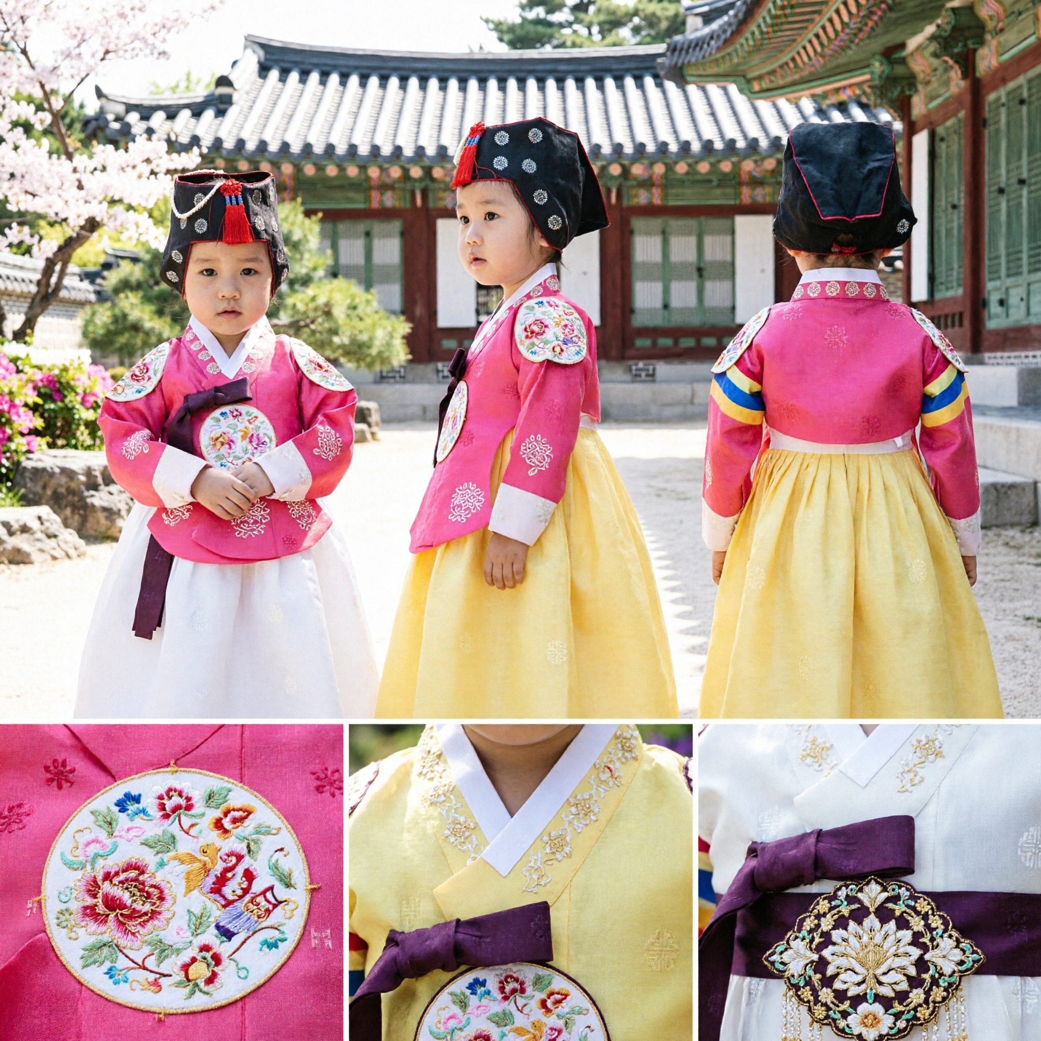Traditional Korean Hanbok for Baby Girl Pink Floral Top Yellow Skirt Doljanchi First Birthday Costume - Asian Costume