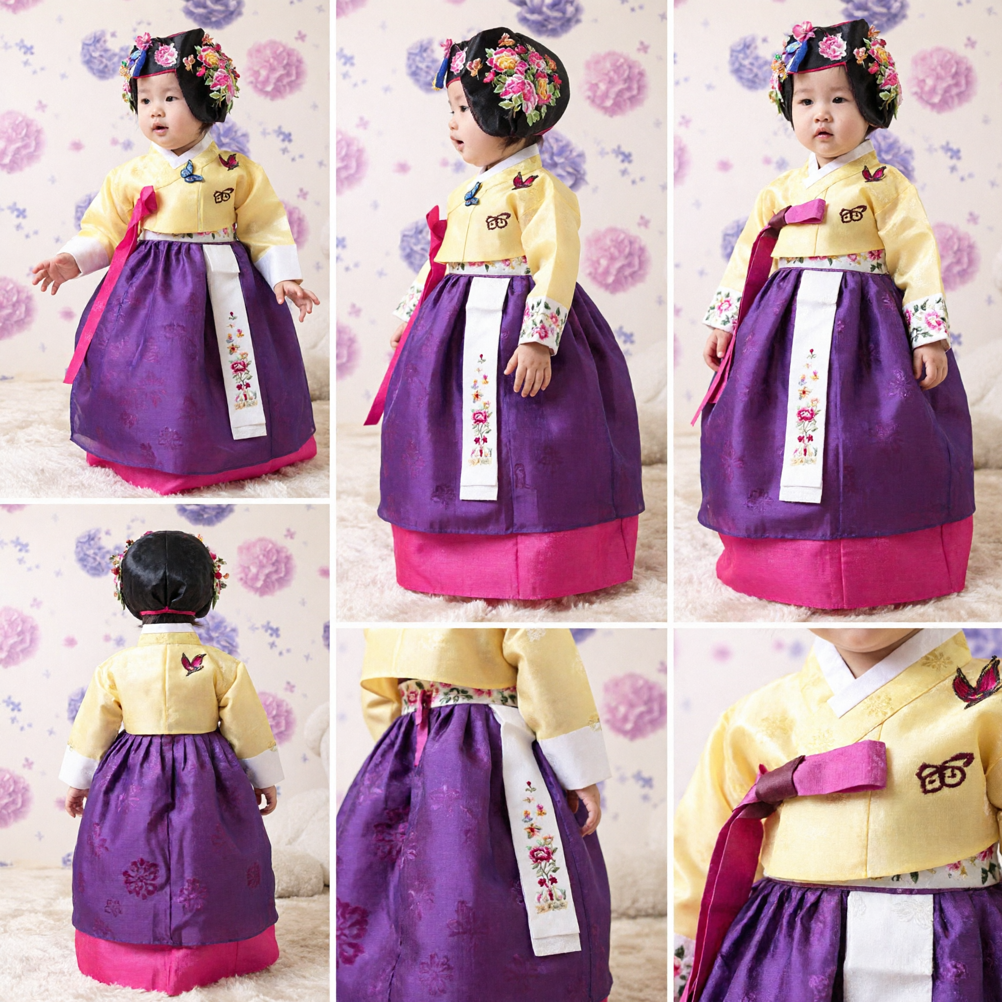 Traditional Korean Hanbok for Baby Girls Yellow Jeogori and Purple Chima Dress for First Birthday Party - Asian Costume