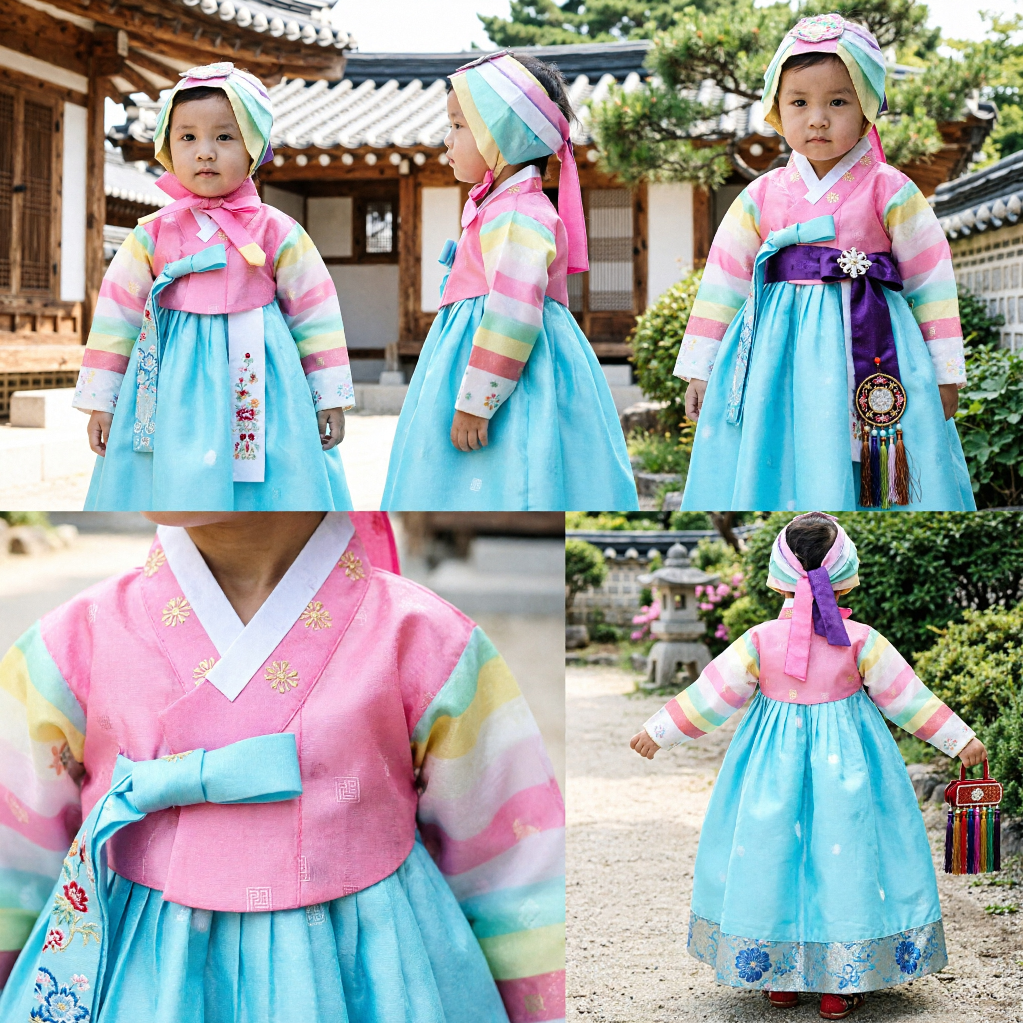 Traditional Korean Hanbok for Baby Girl Pink Rainbow Jeogori Blue Chima Set for First Birthday - Asian Costume
