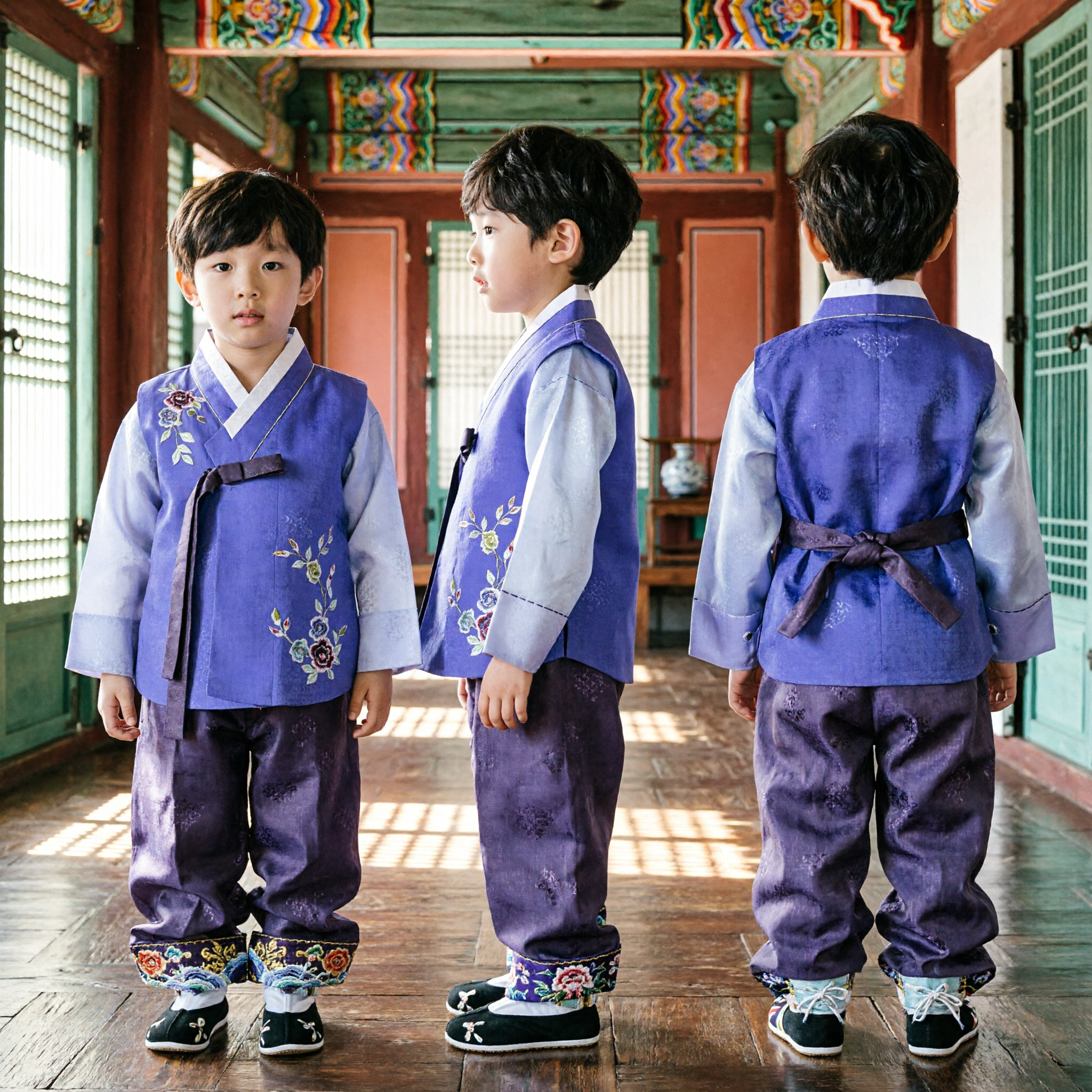 Traditional Korean Hanbok for Boys Blue Embroidered Vest and Pants Set for Wedding Birthday Festival - Asian Costume