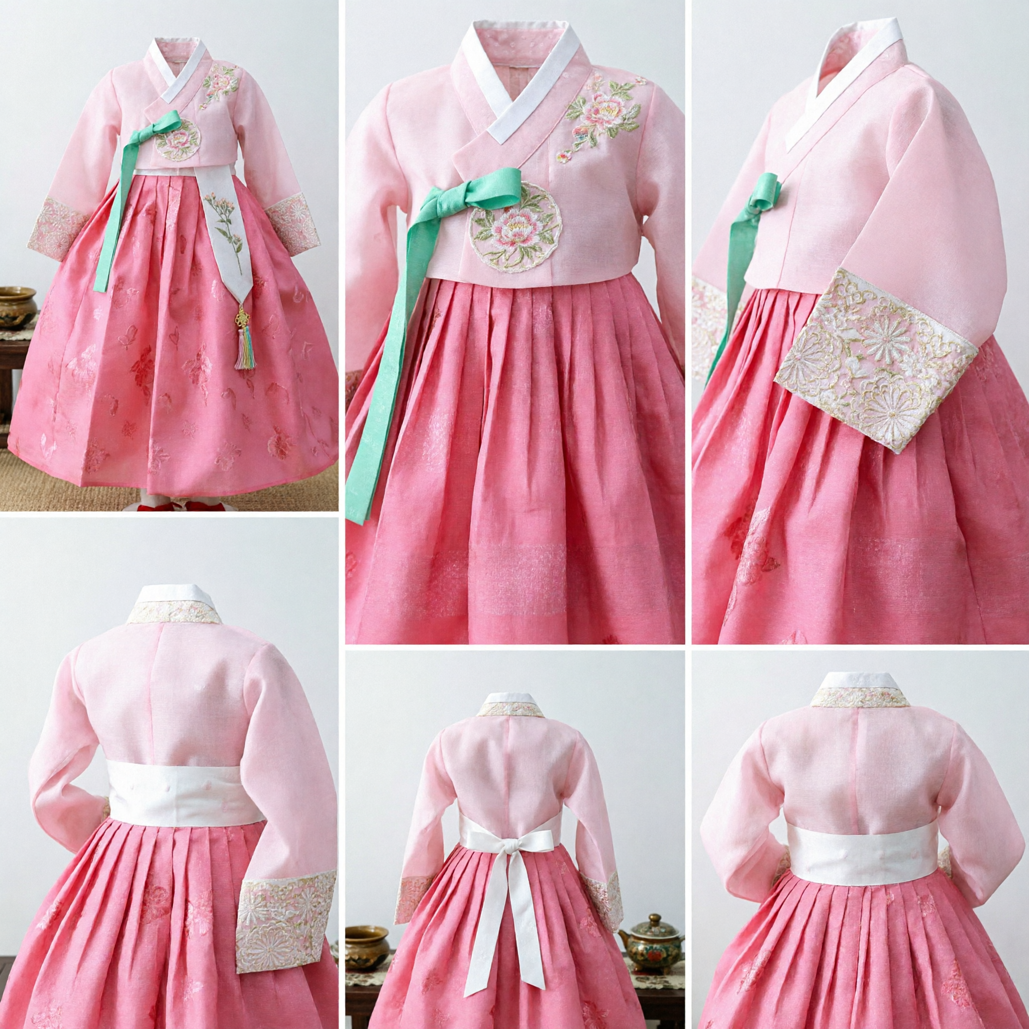 Traditional Korean Hanbok Dress for Girls Pink Lace Trim Formal Costume Set for Wedding Party - Asian Costume