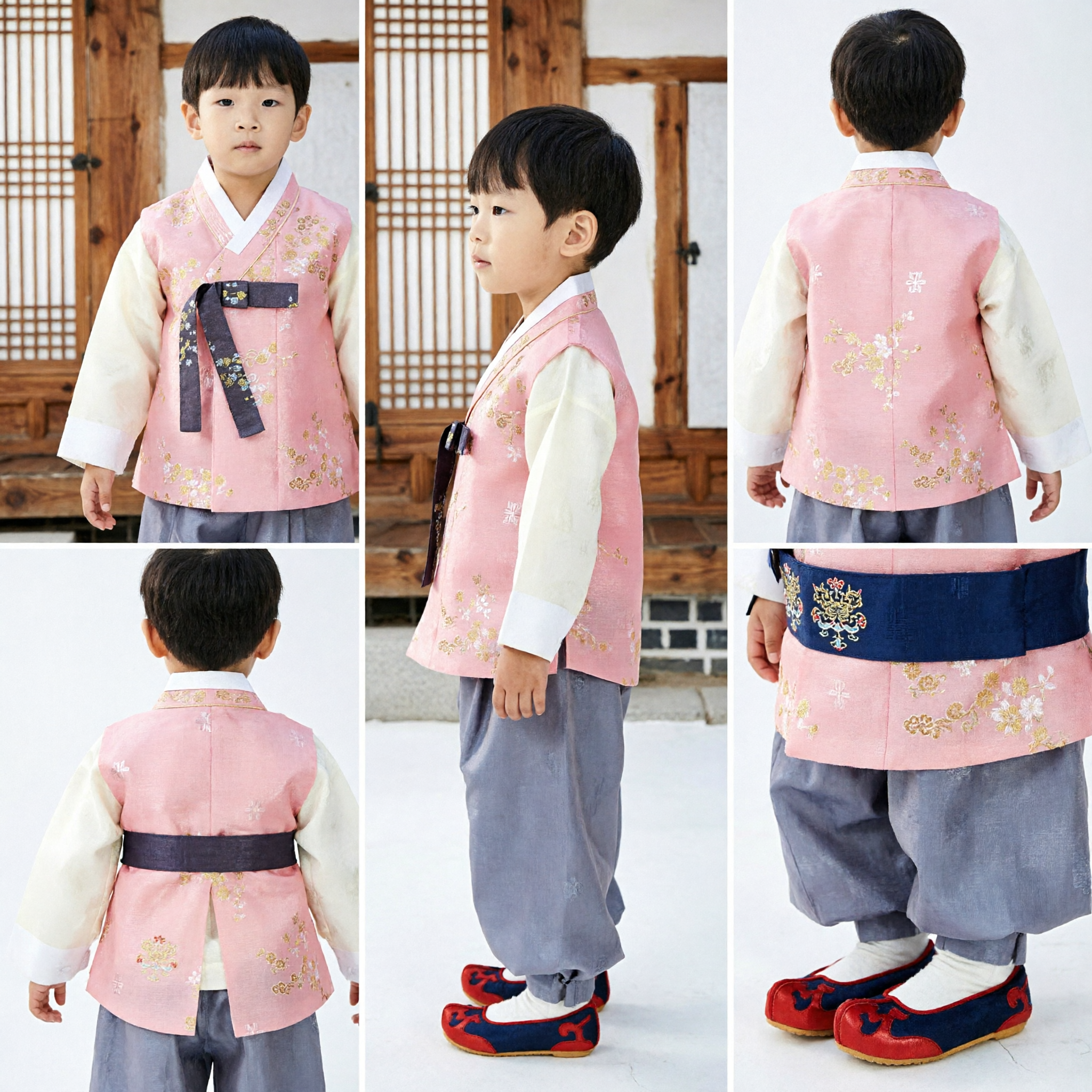 Boys Traditional Korean Hanbok Set Pink Floral Vest Grey Pants Kids Doljanchi Wedding Festival Costume - Asian Costume
