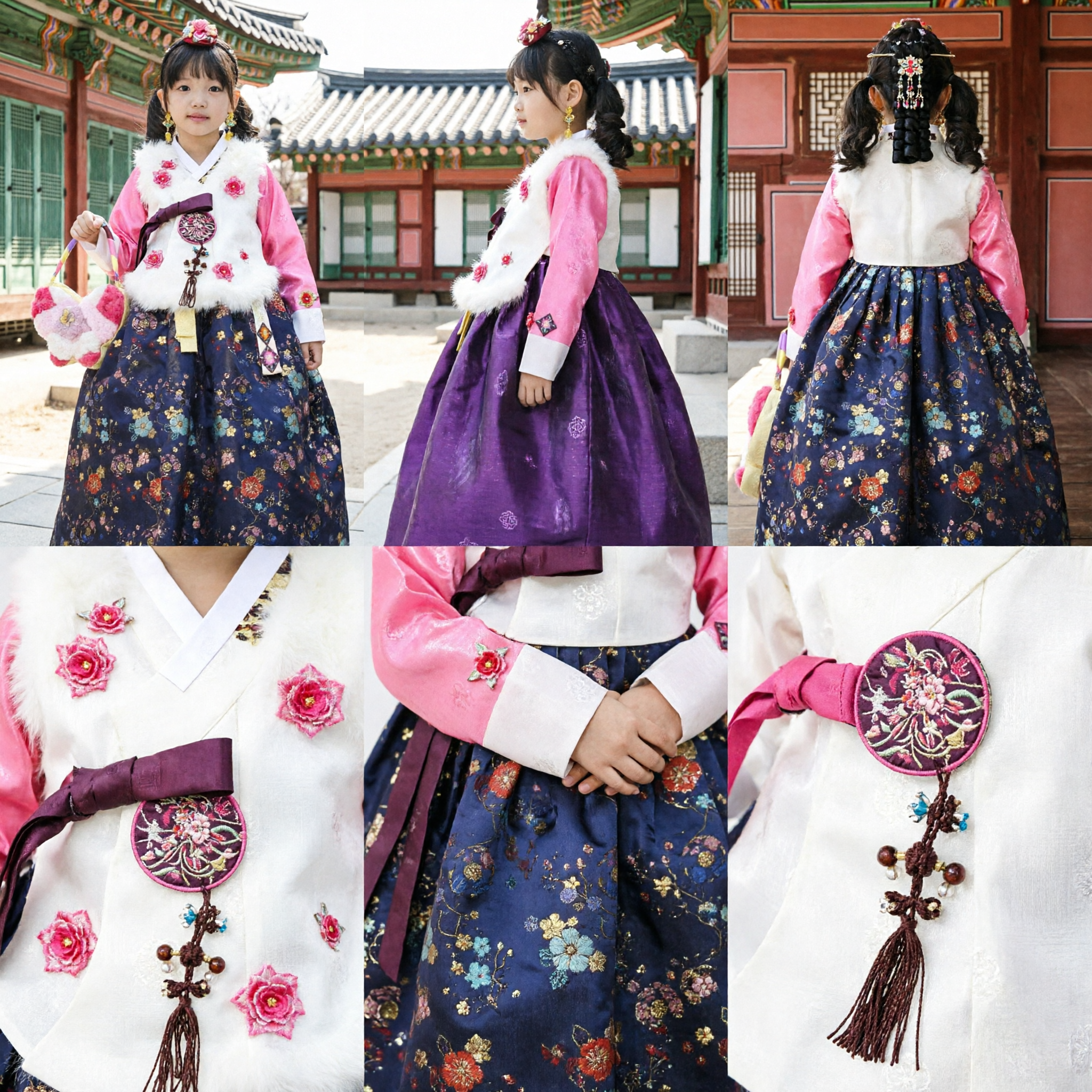 Girls Korean Traditional Hanbok Dress with Warm White Fur Vest and Floral Skirt for Festivals - Asian Costume