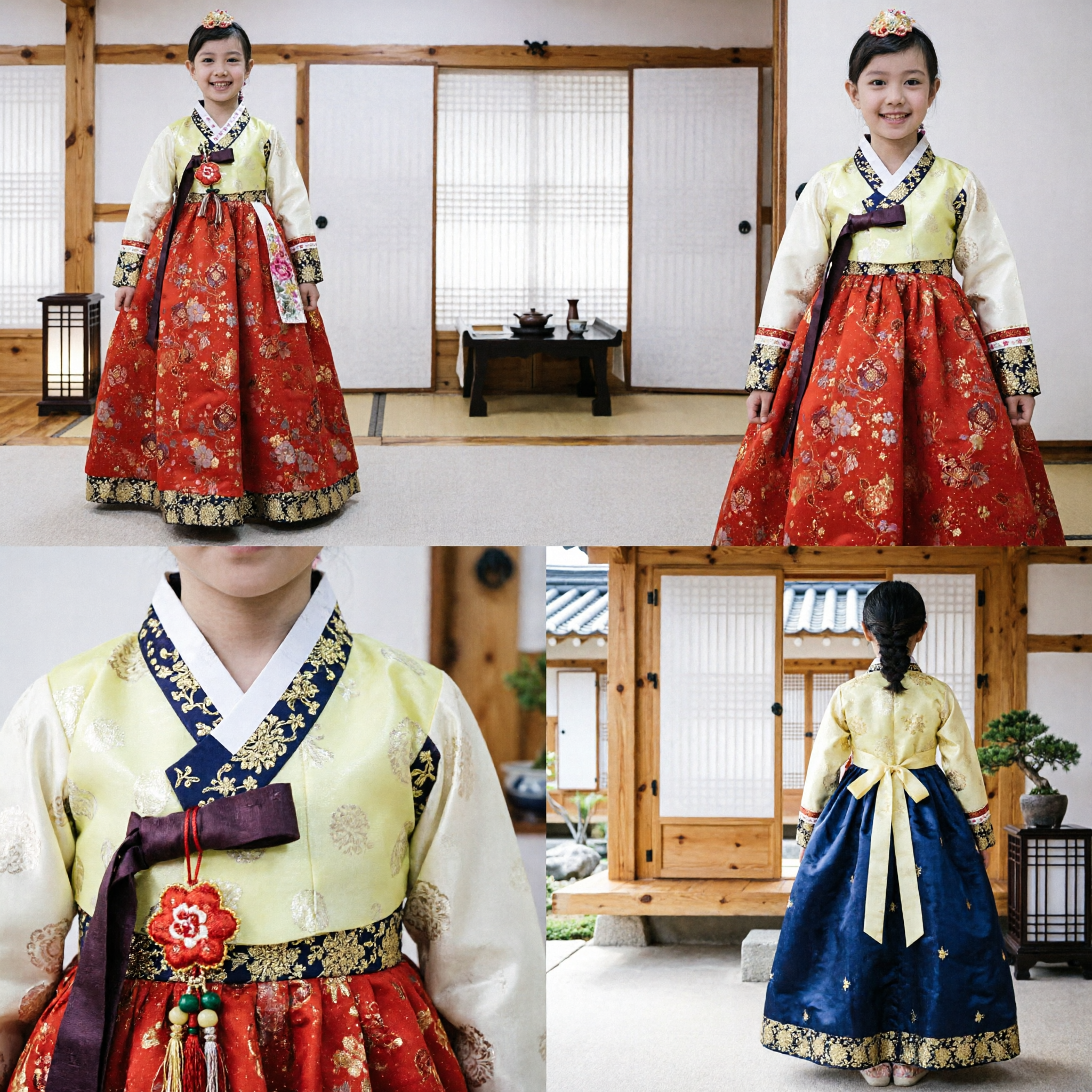 Traditional Korean Hanbok for Girls Kids Red Floral Skirt Yellow Top Costume for Festivals - Asian Costume