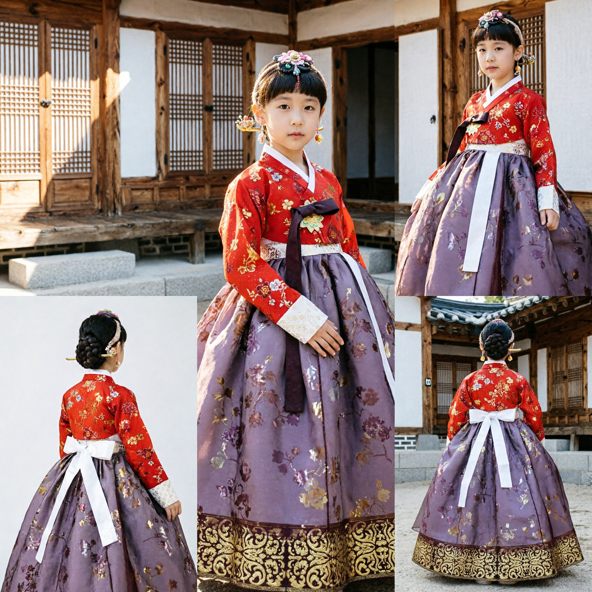 Kids Korean Traditional Hanbok Dress Red Floral Top Brown Skirt Girl Formal Wedding Birthday Costume - Asian Costume