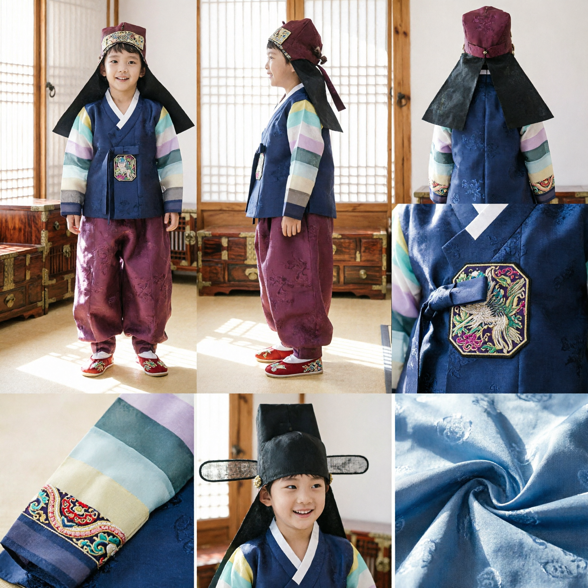 Traditional Korean Hanbok for Boys Rainbow Striped Jeogori Blue Vest Maroon Pants First Birthday Ceremony Set - Asian Costume