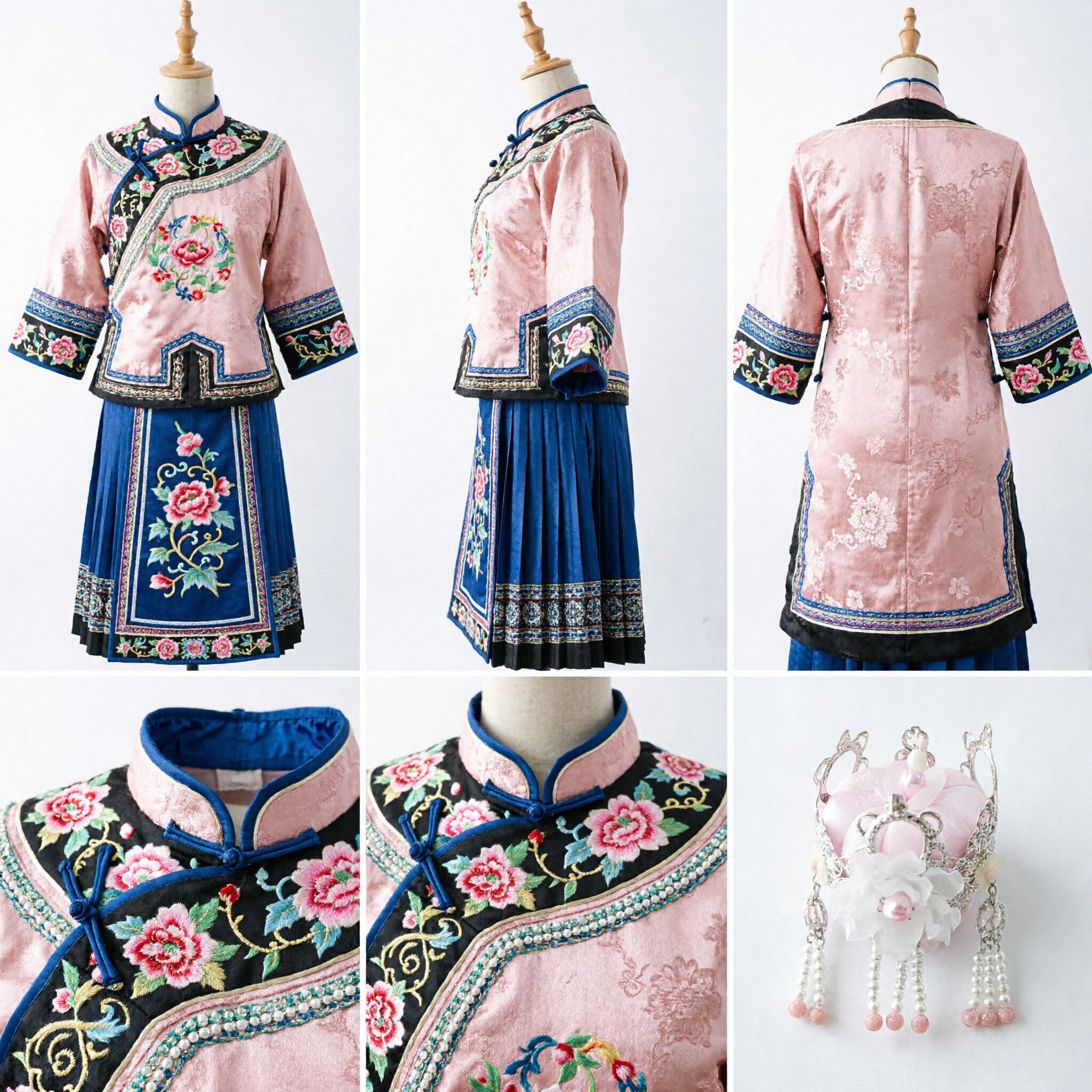 Pink Princess Crown Hair Clip for Children Traditional Chinese Hanfu Costume Accessories with White Flowers - Asian Costume