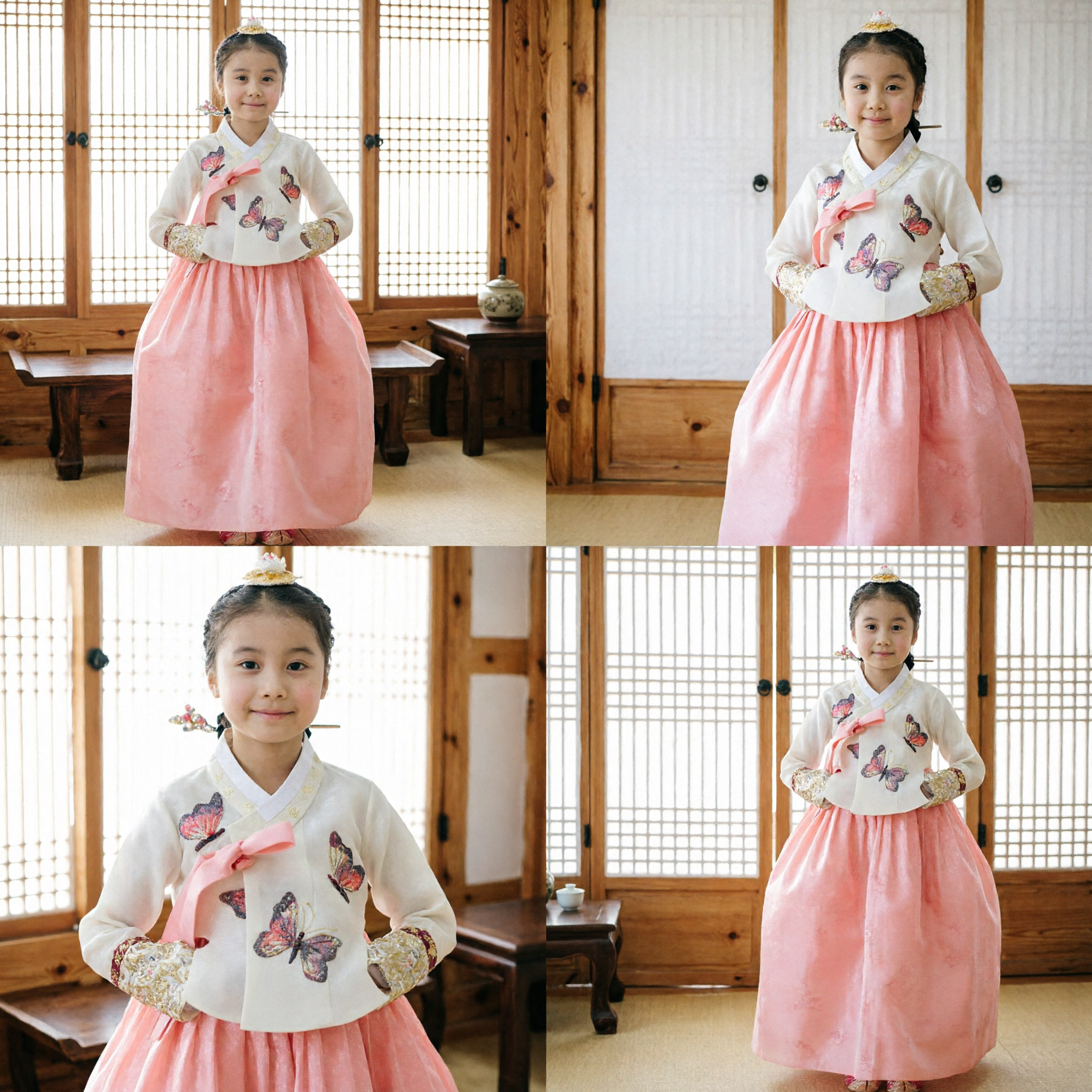 Girls Korean Traditional Hanbok Dress White Butterfly Embroidery Top Peach Skirt Kids Formal Costume - Asian Costume