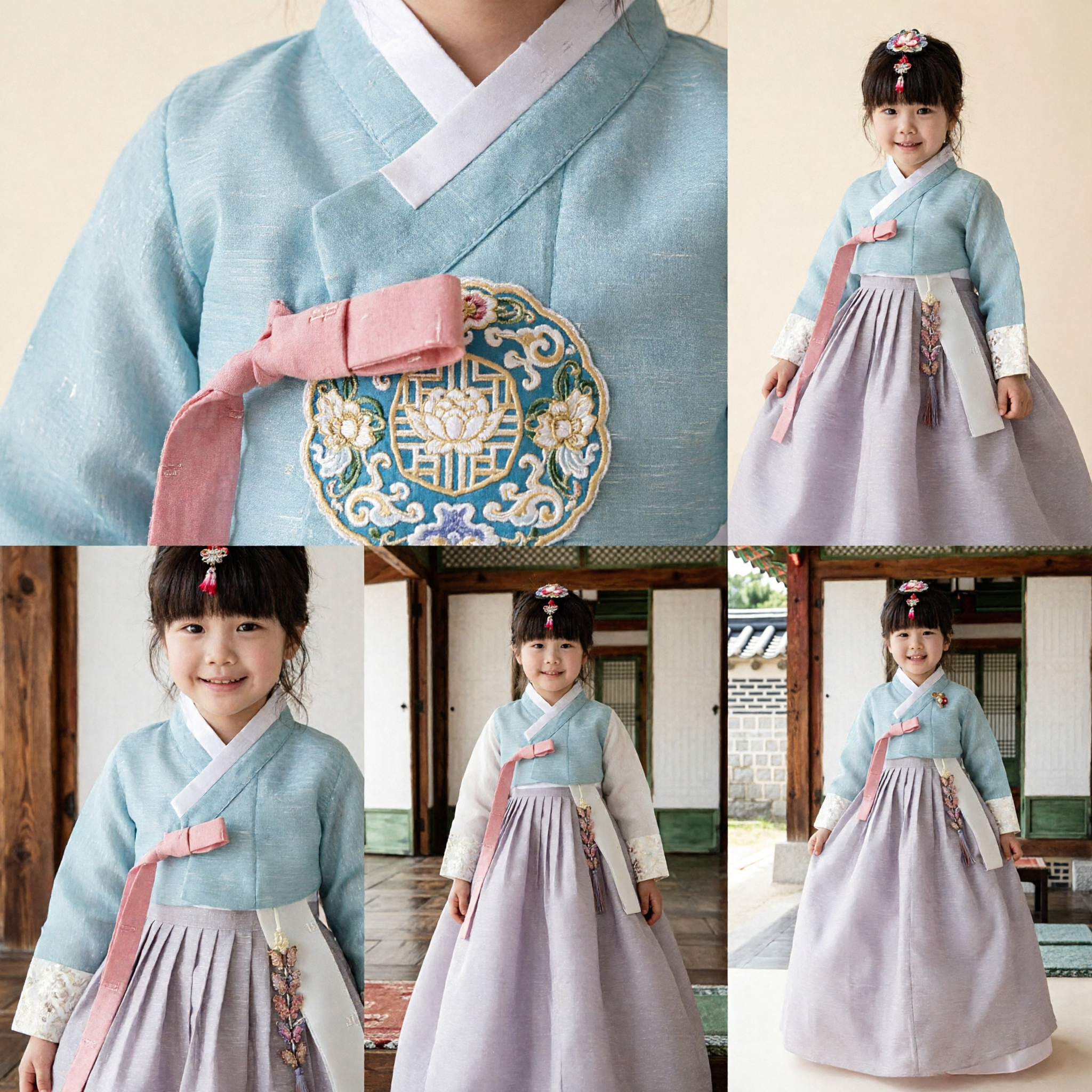 Traditional Korean Hanbok for Girls Light Blue Top and Purple Skirt Set Festival Costume - Asian Costume