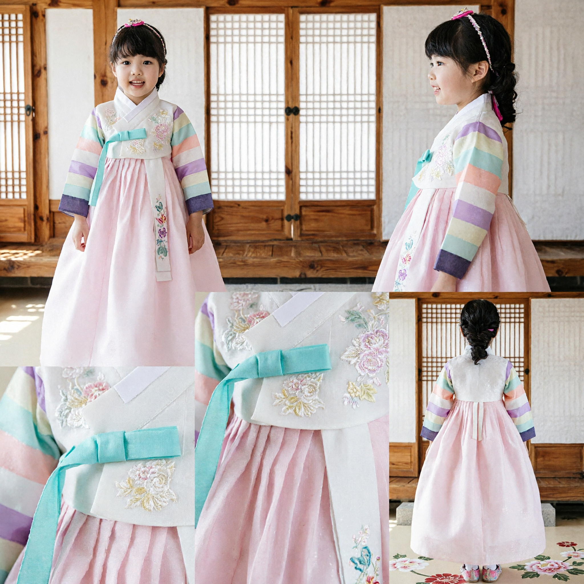 Girls Traditional Korean Hanbok Dress Rainbow Stripe Jeogori Pink Chima Kids Performance Costume - Asian Costume