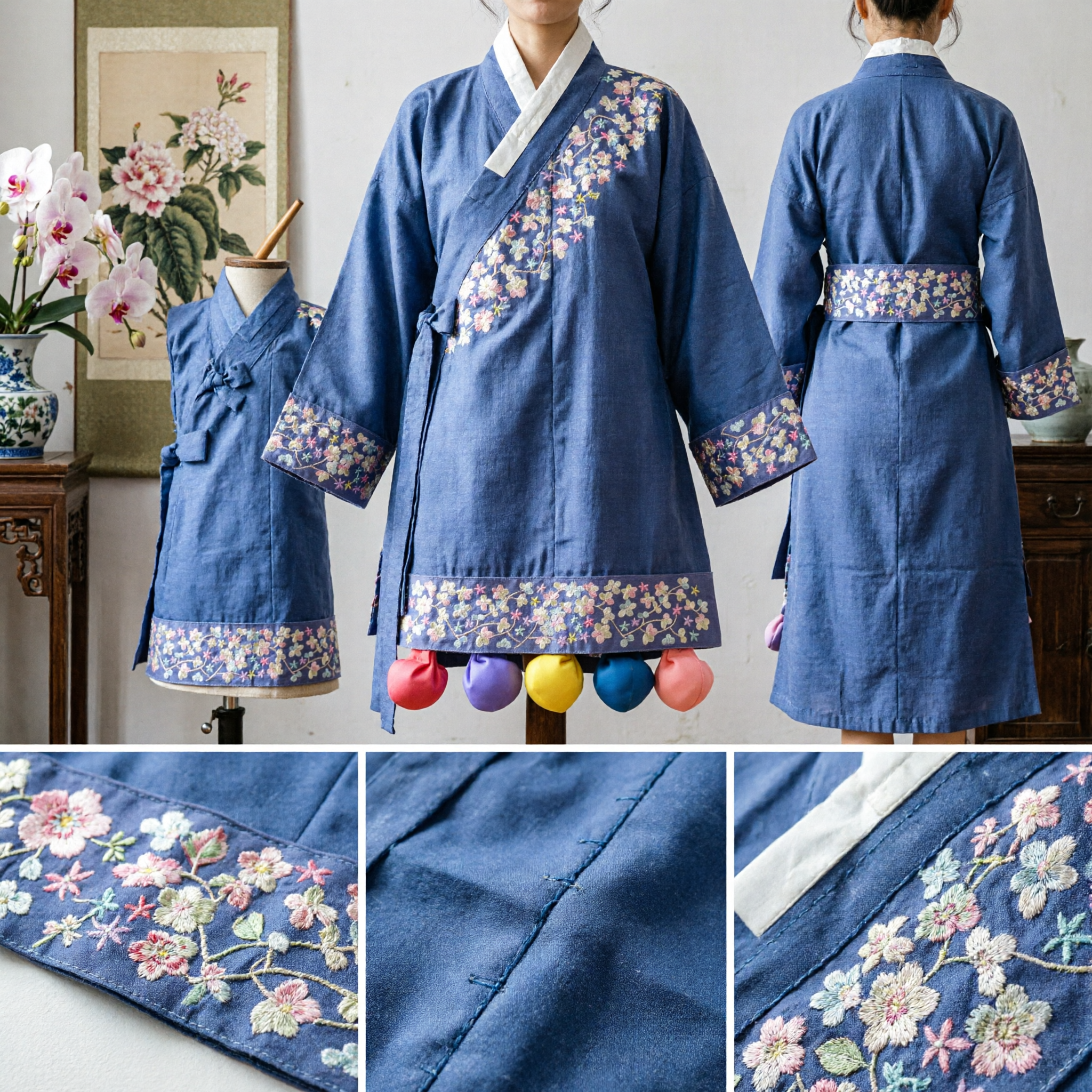 Traditional Korean Tteogji Hair Ribbon with Floral Embroidery and Colorful Silk Balls for Women Hanbok - Asian Costume